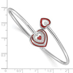 Sterling Silver Rh-plated CZ Red Enamel Heart Flexible Cuff Bangle Bracelet