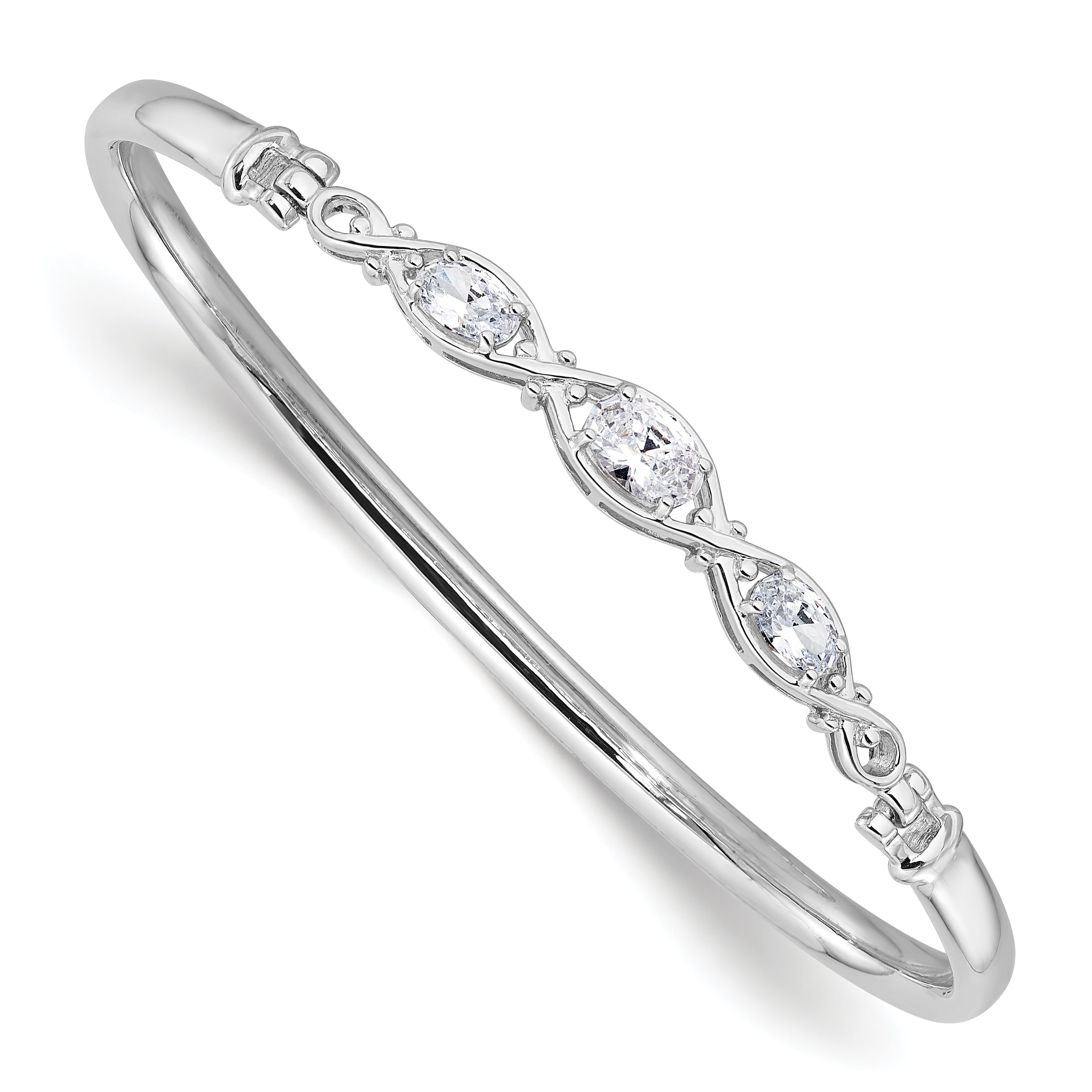 Sterling Silver Rhodium-plated Polished CZ Hook Closure Bangle Bracelet Main image