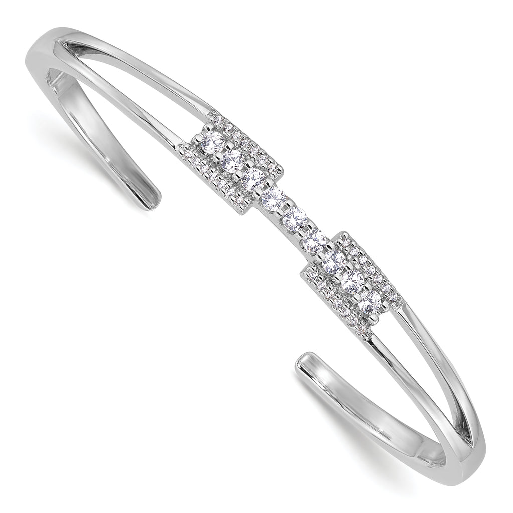 Sterling Silver Rhodium-plated Polished CZ Cuff with Hinge Bangle Bracelet
