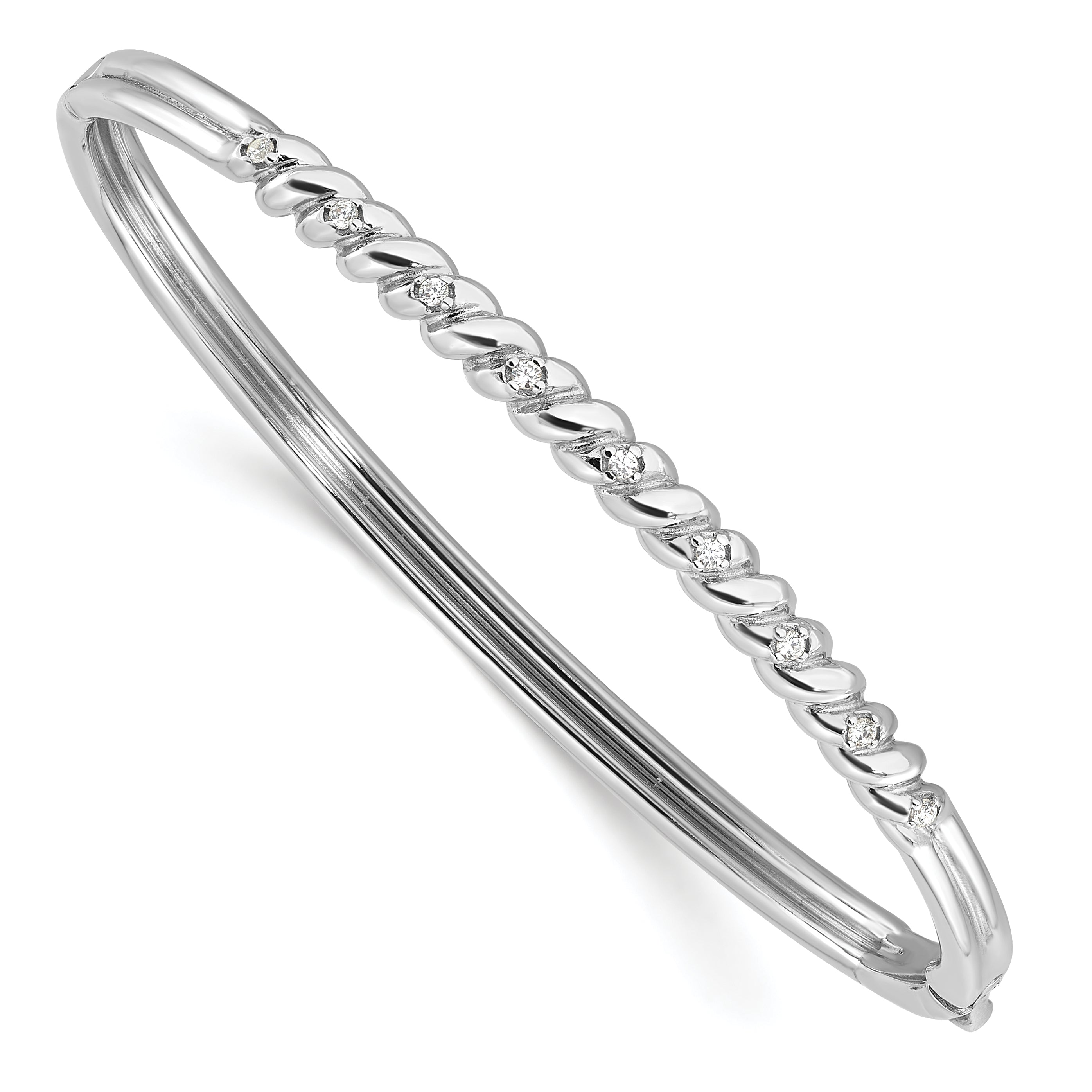 Sterling Silver Rhodium-plated Twist Pattern Hinged CZ Bangle Bracelet Main image
