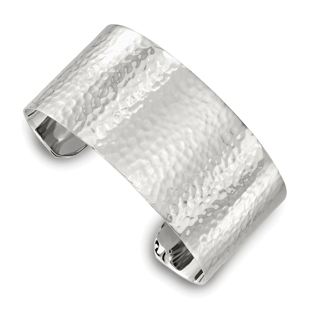 Sterling Silver Polished 30mm Flat Hammered Cuff Bangle