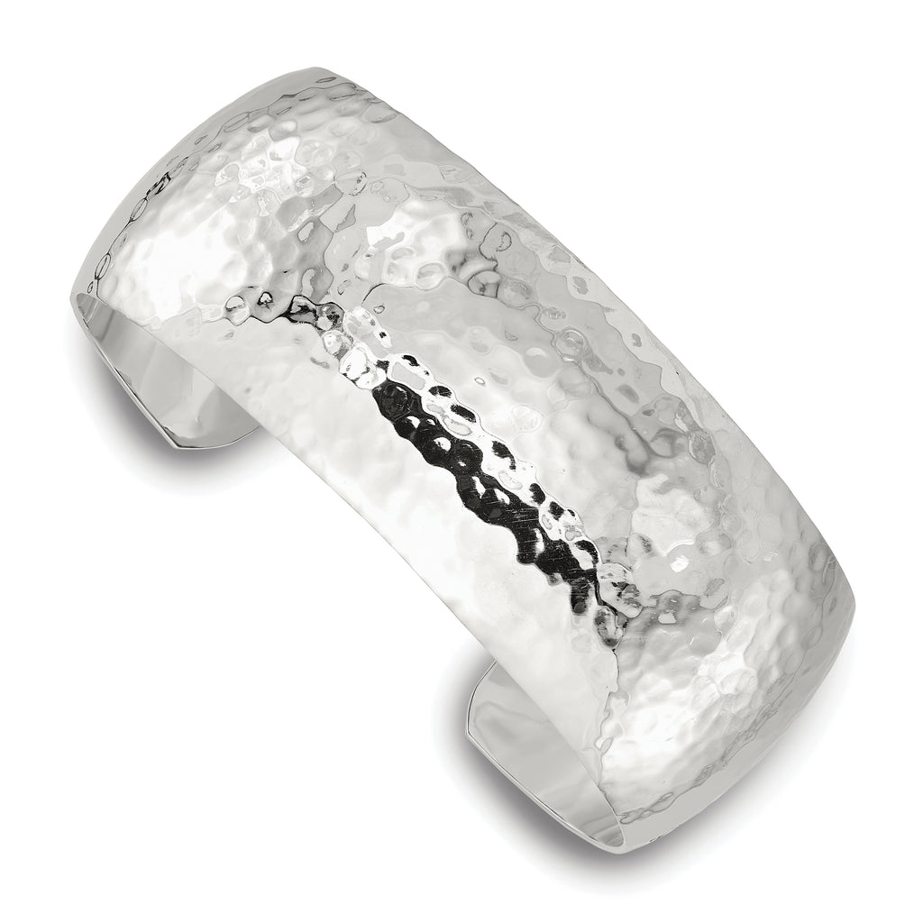 Sterling Silver Polished 25mm Domed Hammered Cuff Bangle