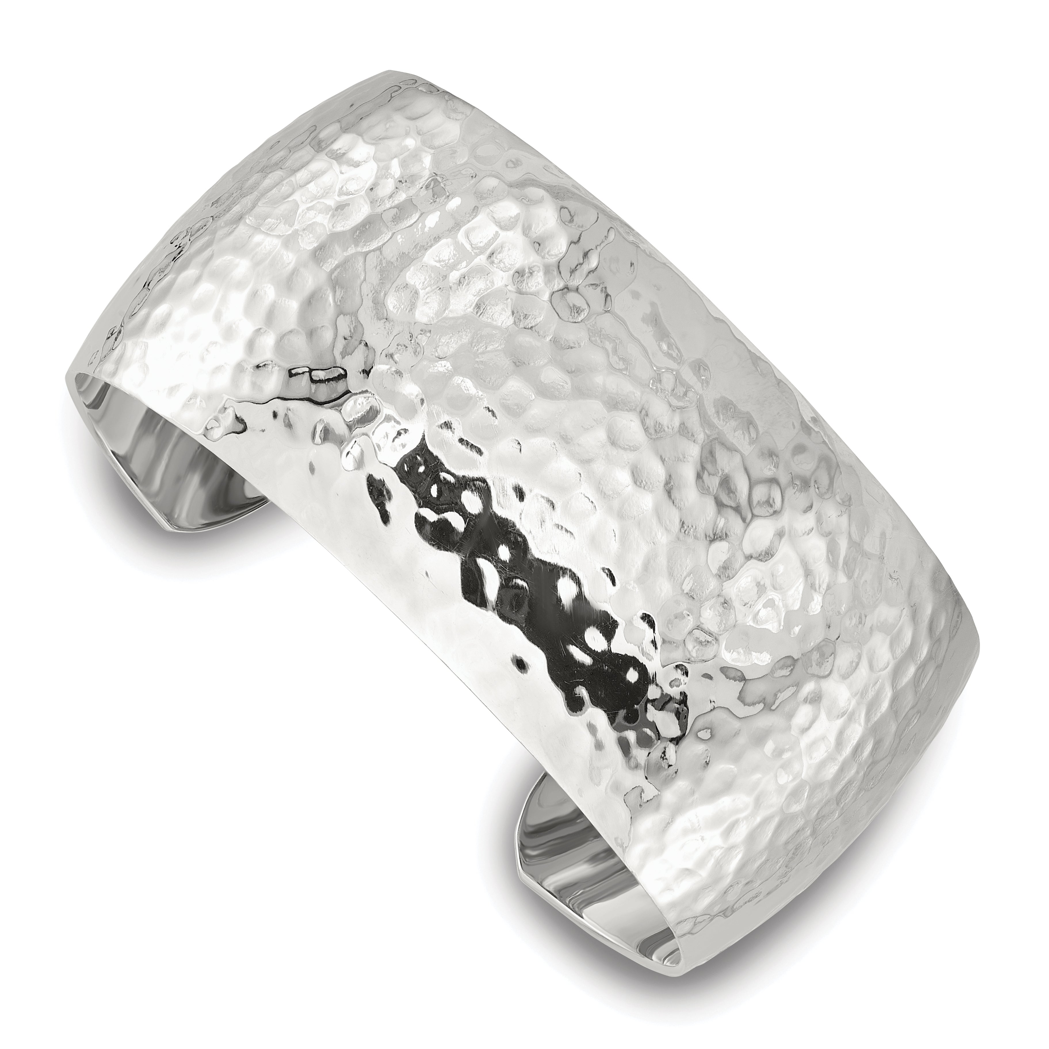 Sterling Silver Polished 30mm Domed Hammered Cuff Bangle Main image