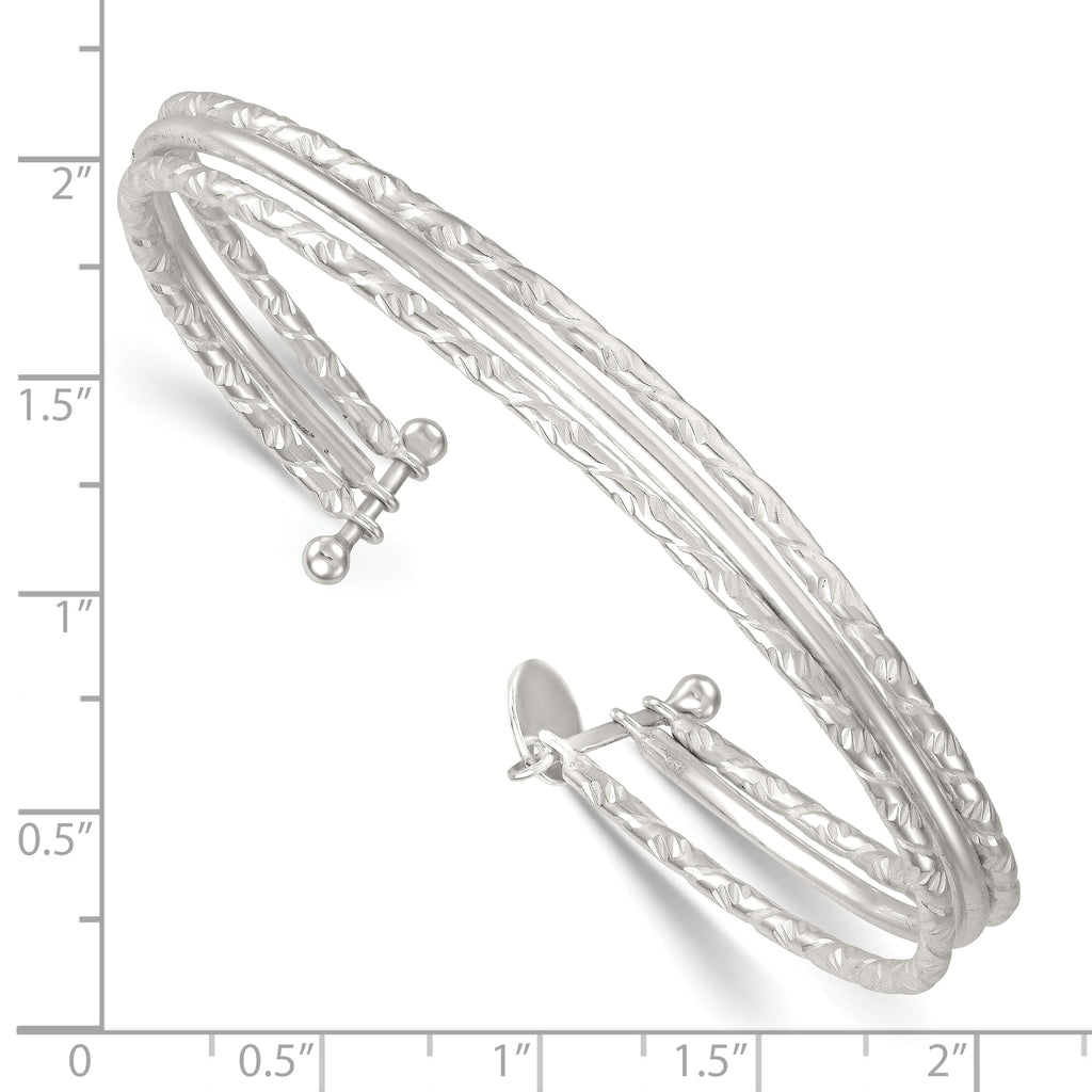 Sterling Silver Polished and Textured Triple Band Cuff Bangle Bracelet