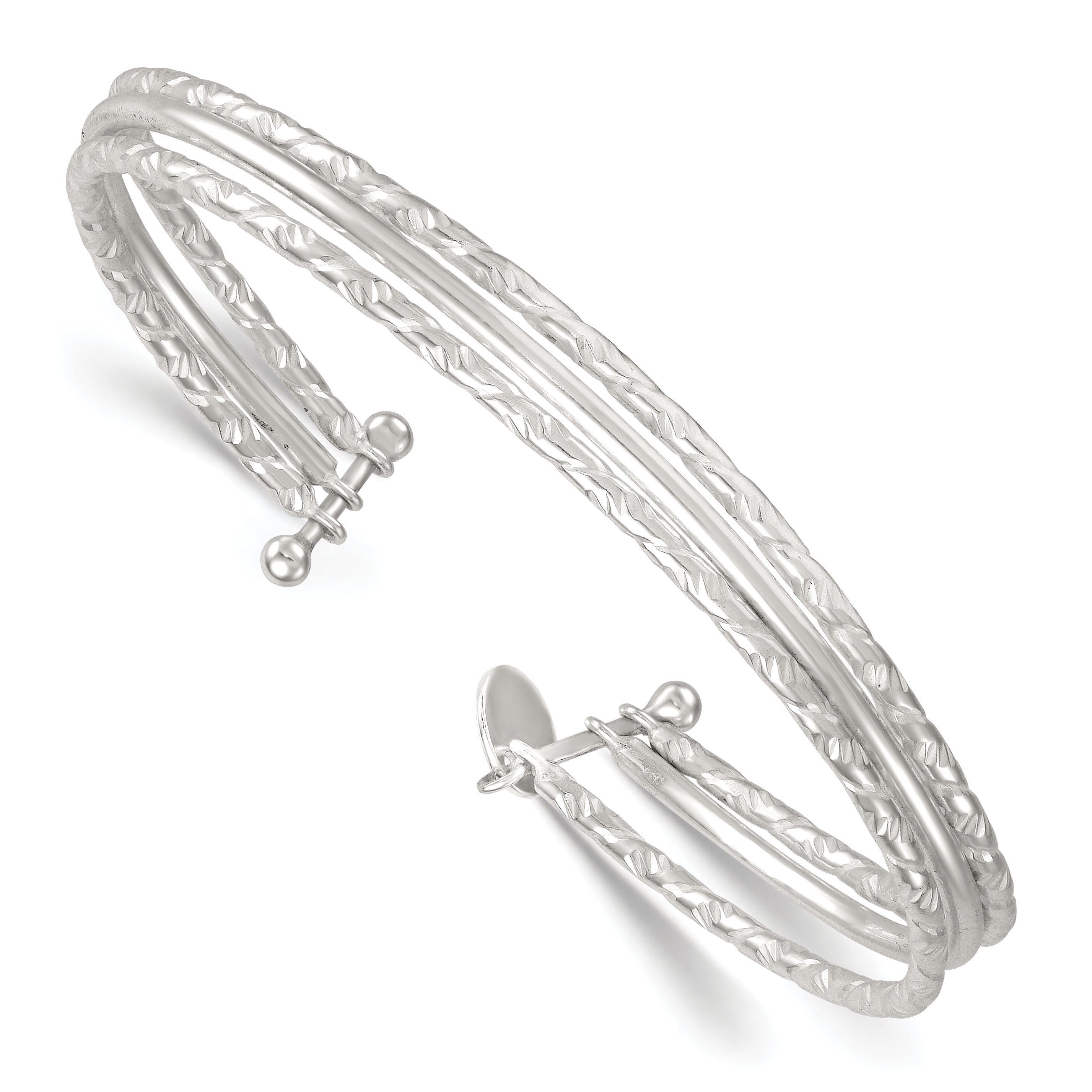 Sterling Silver Polished and Textured Triple Band Cuff Bangle Bracelet Main image