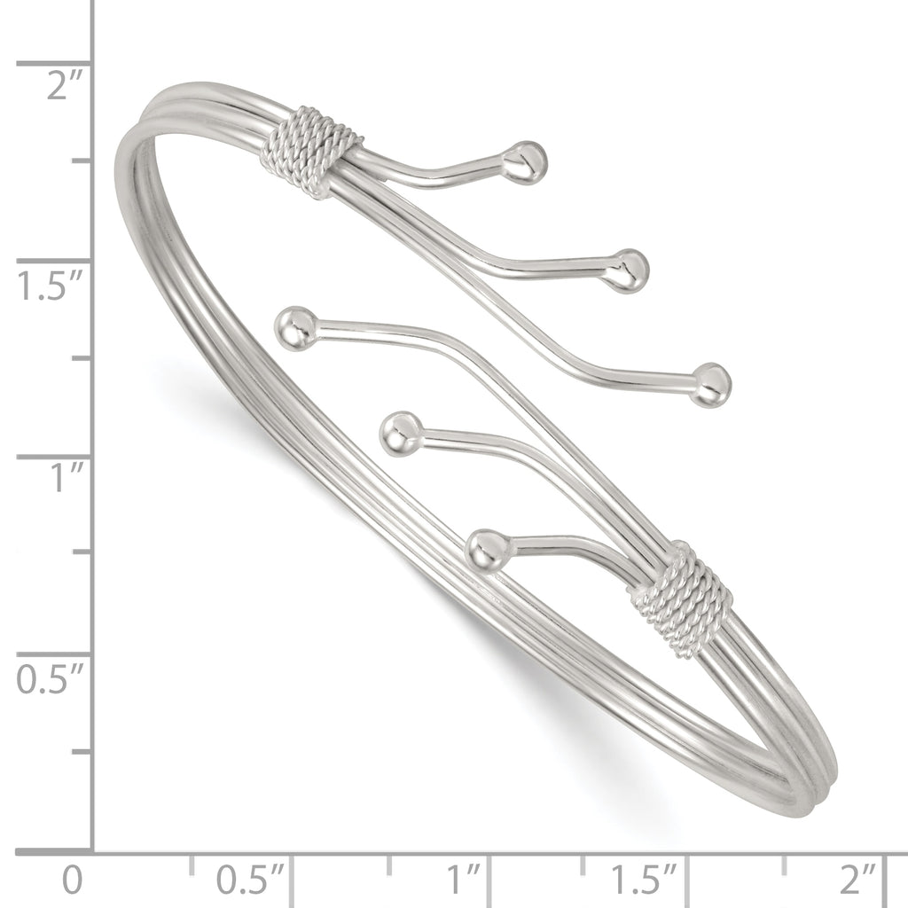Sterling Silver Polished Twisted and Beaded Fancy Triple Band Cuff Bangle Bracelet