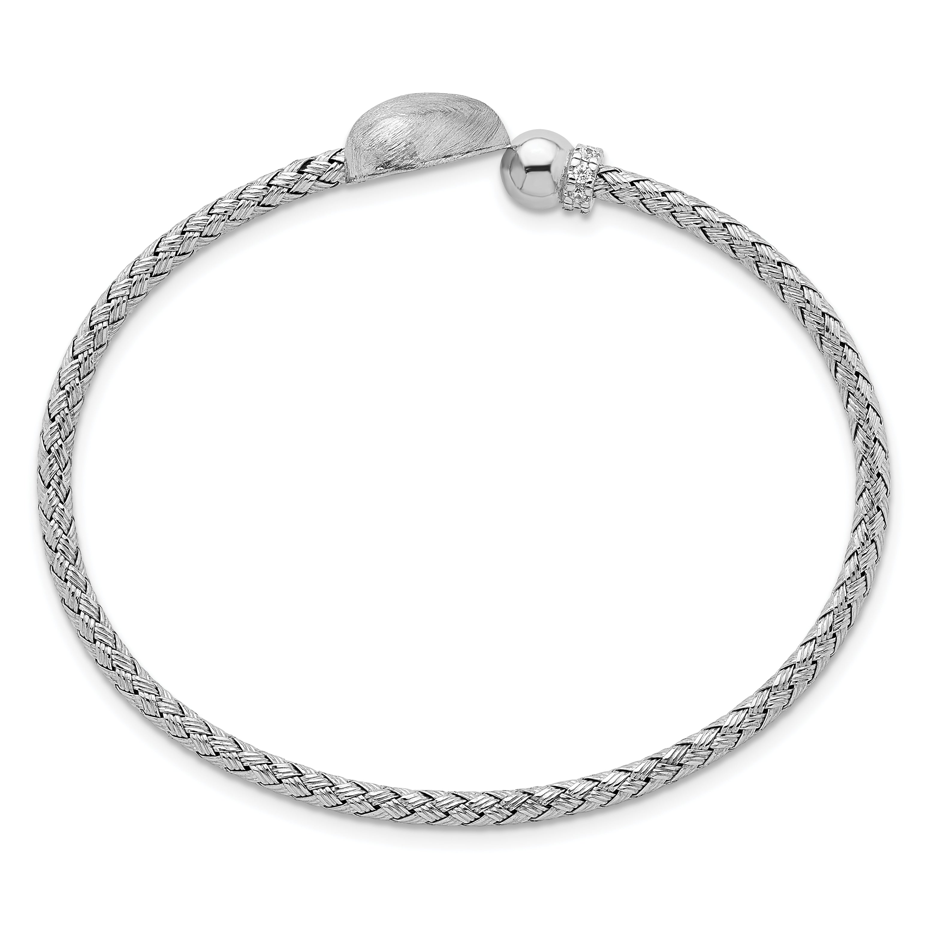 Sterling Silver Rhodium-plated Brushed Heart and CZ Flexible Cuff Bangle