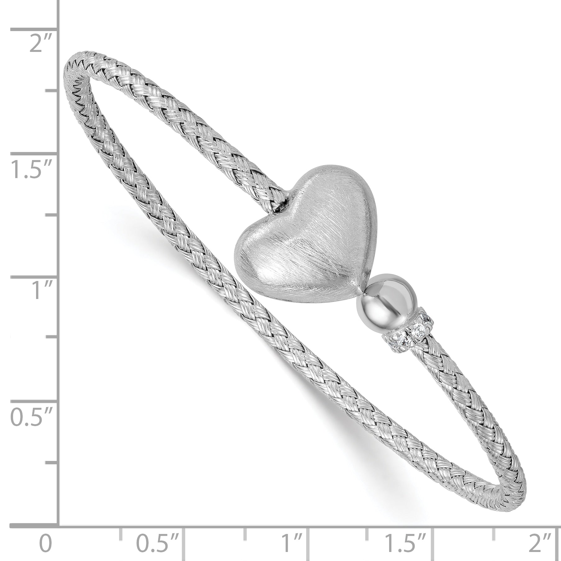 Sterling Silver Rhodium-plated Brushed Heart and CZ Flexible Cuff Bangle