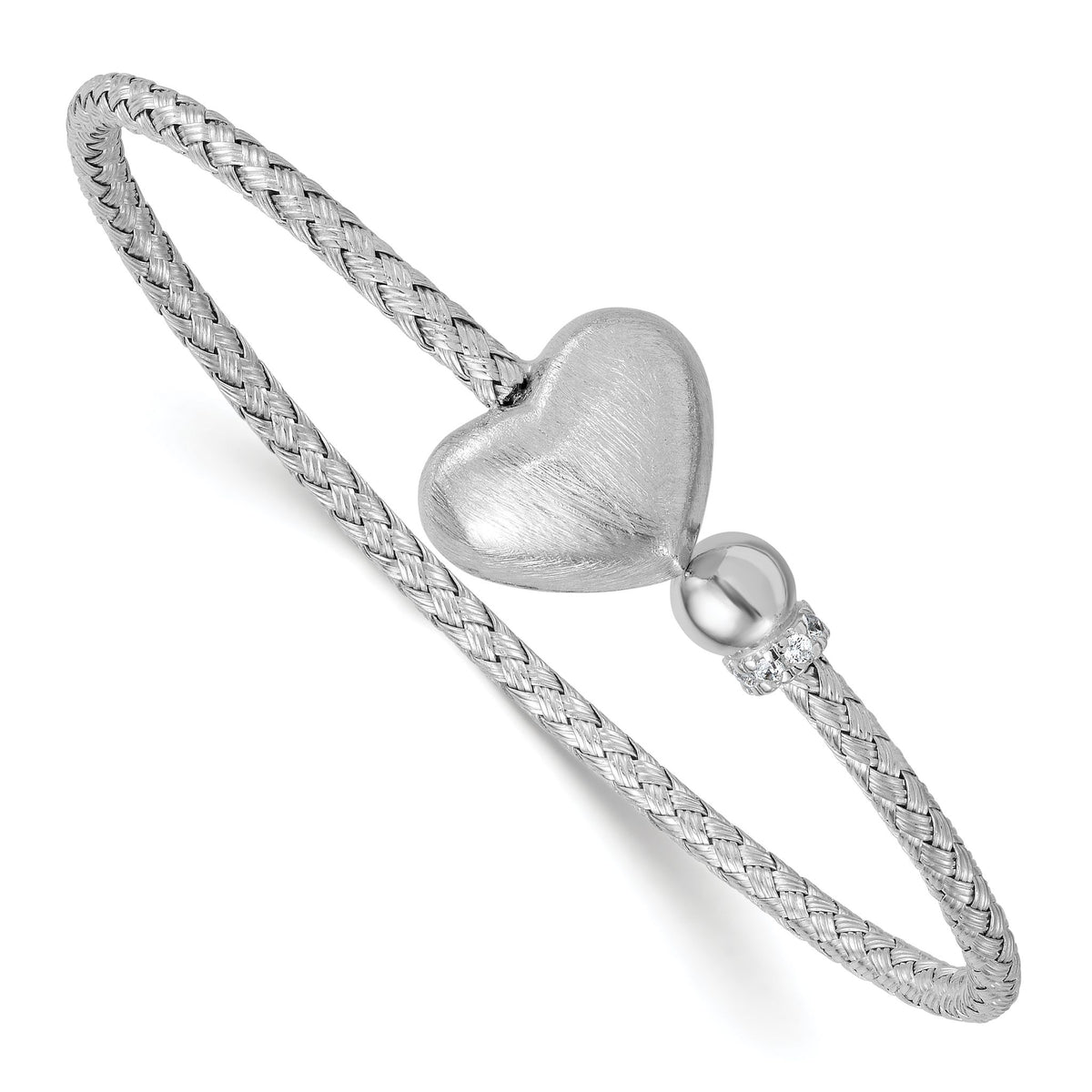 Heart and Cubic Zirconia Flexible Cuff Bracelet in Sterling Silver, 15.9mm Brushed - Sophia Jewelers Main image