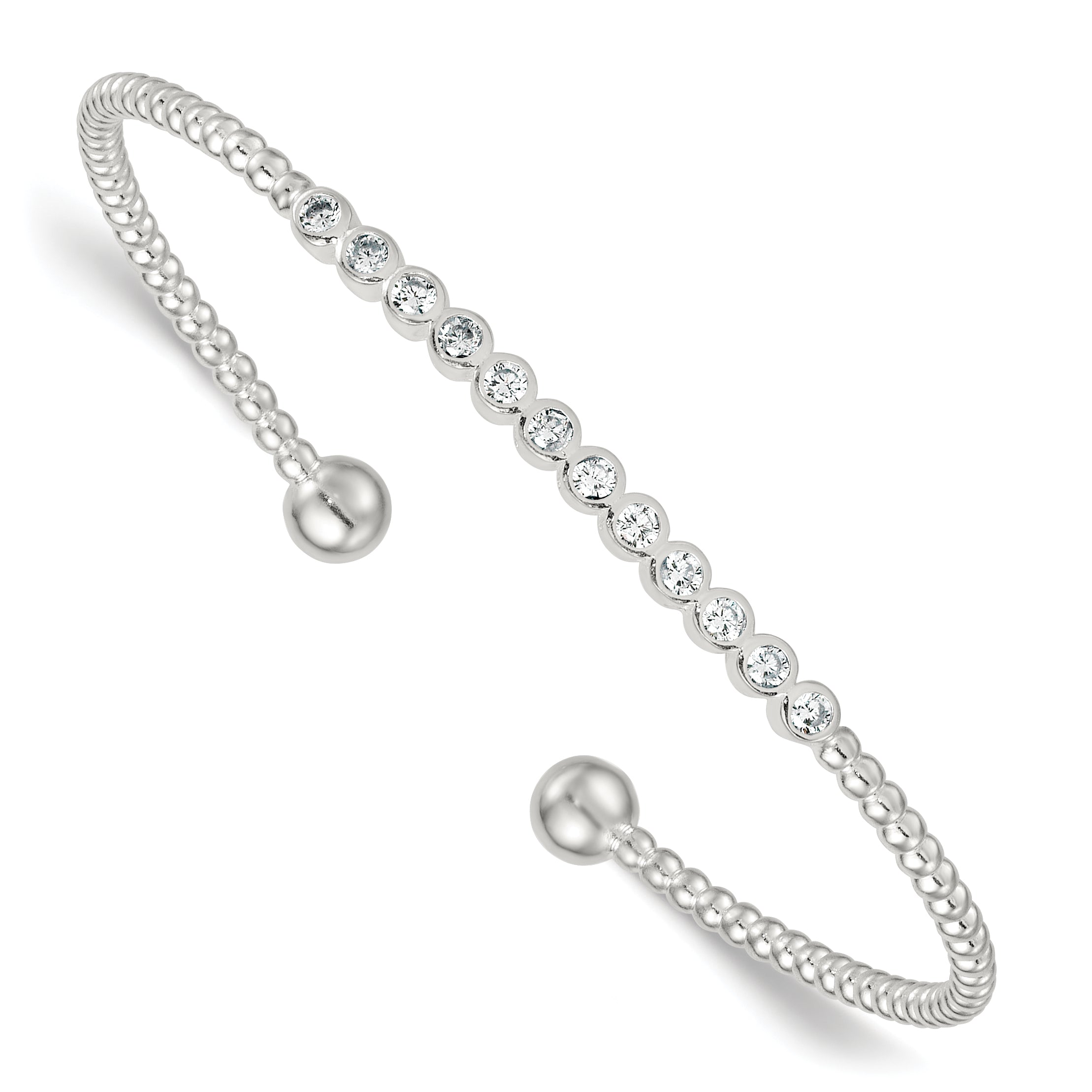 Sterling Silver Polished and Beaded Bezel Set CZ Bar Cuff Bangle Main image