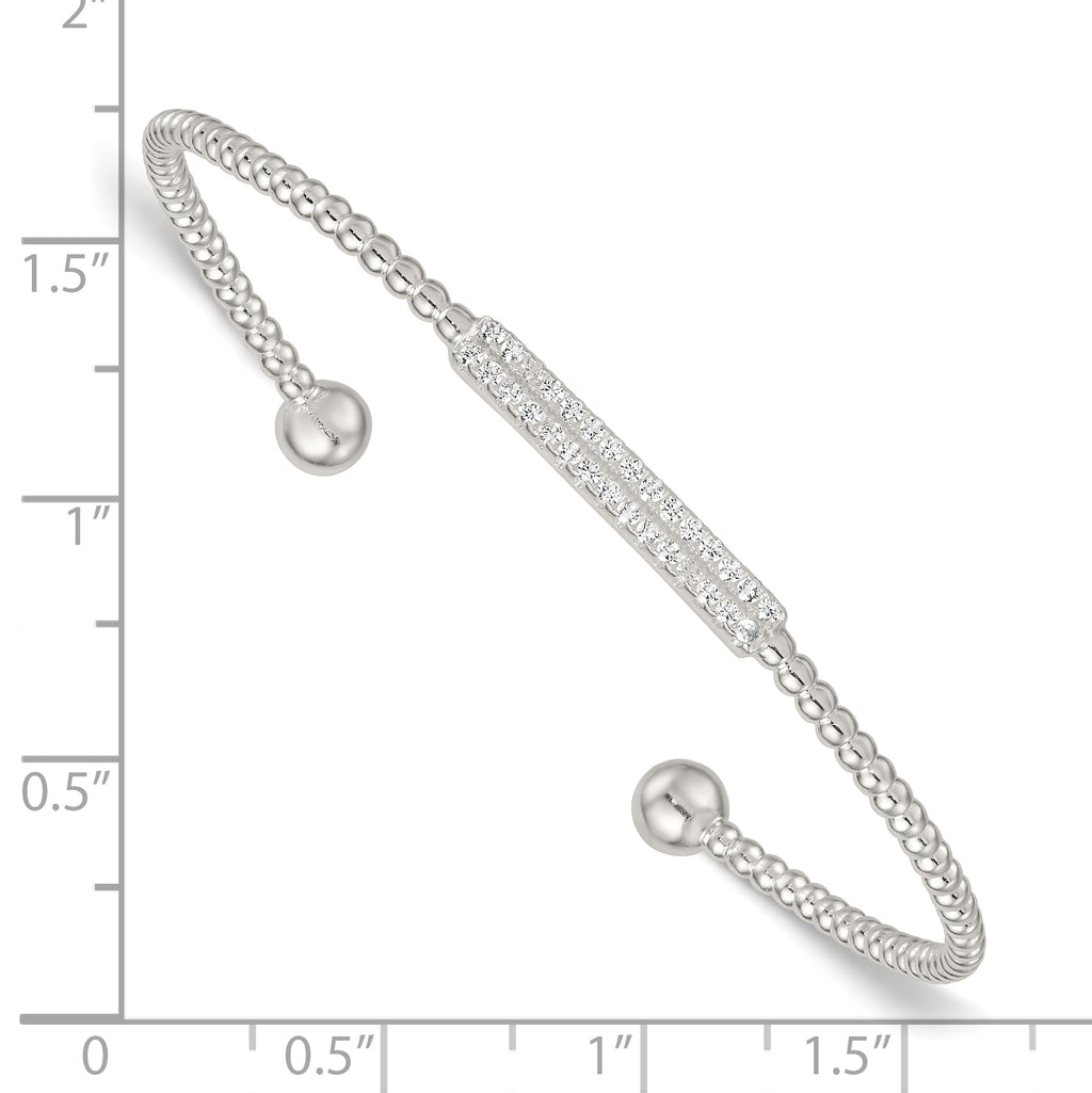 Sterling Silver Polished and Beaded CZ Bar Cuff Bangle