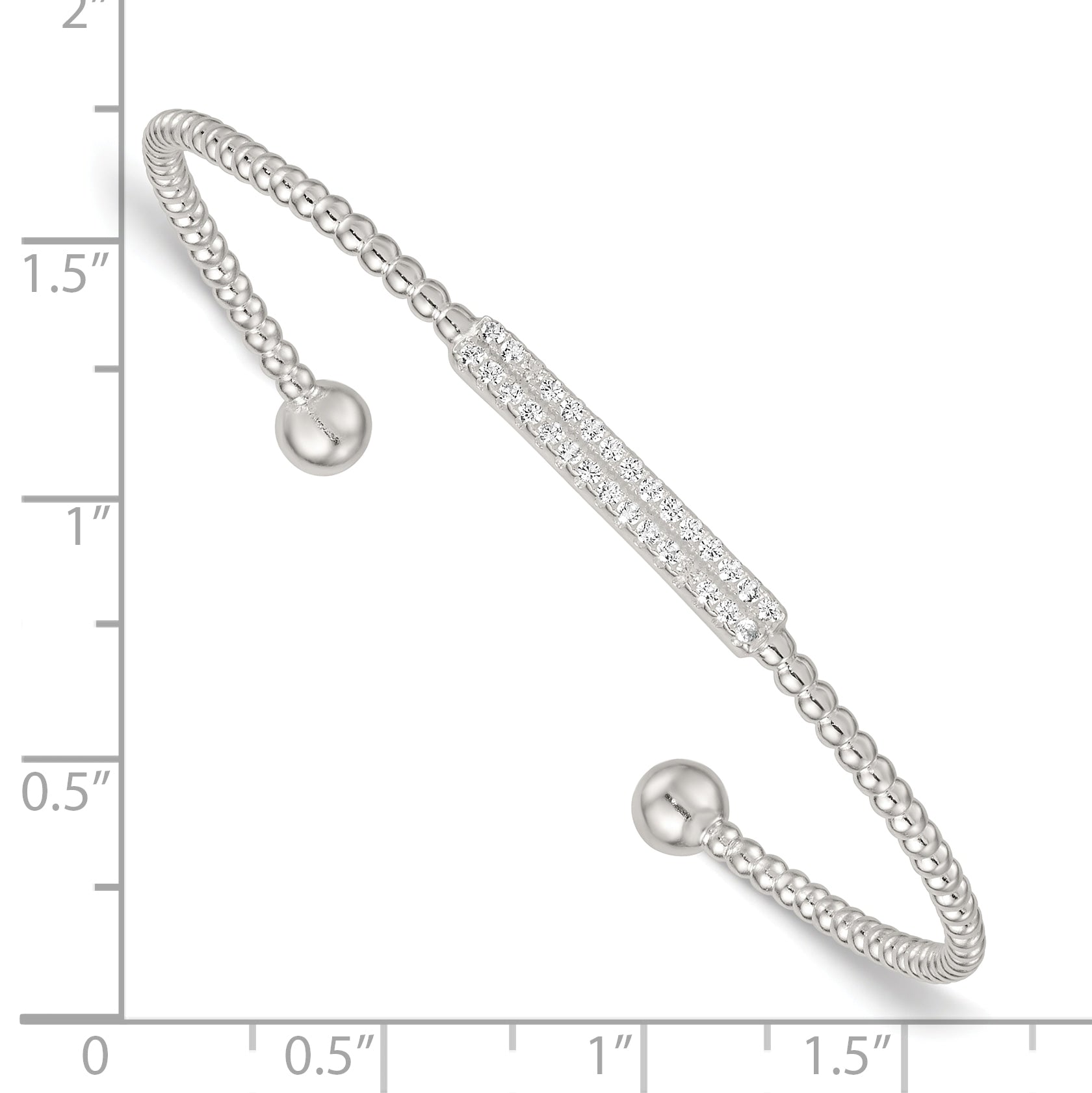 Sterling Silver Polished and Beaded CZ Bar Cuff Bangle
