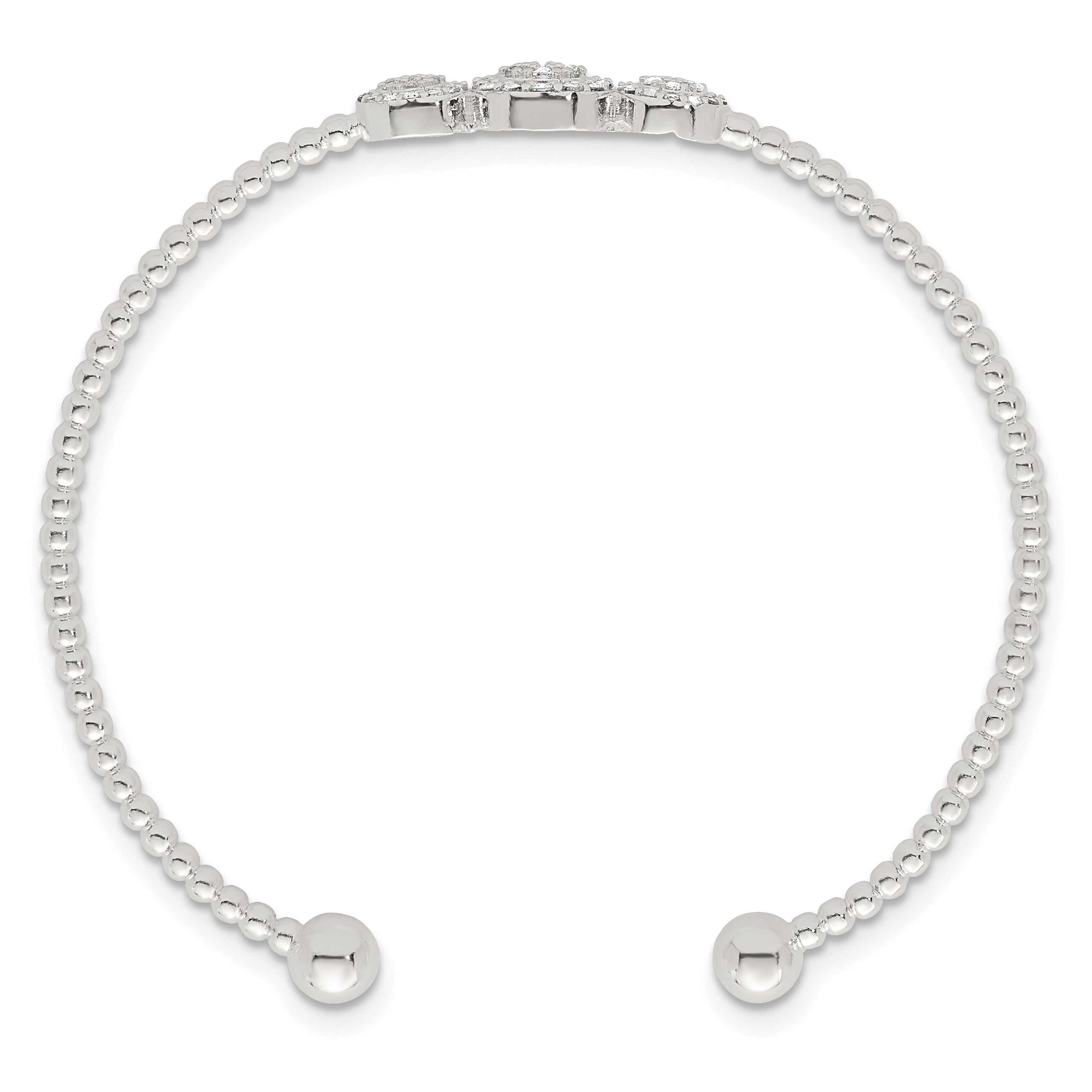 Sterling Silver Polished and Beaded Pave CZ Triple Circle Cuff Bangle
