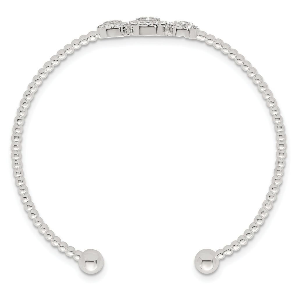 Sterling Silver Polished and Beaded Pave CZ Triple Circle Cuff Bangle