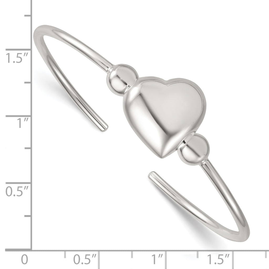 Sterling Silver Polished and Beaded Domed Heart Cuff Bangle