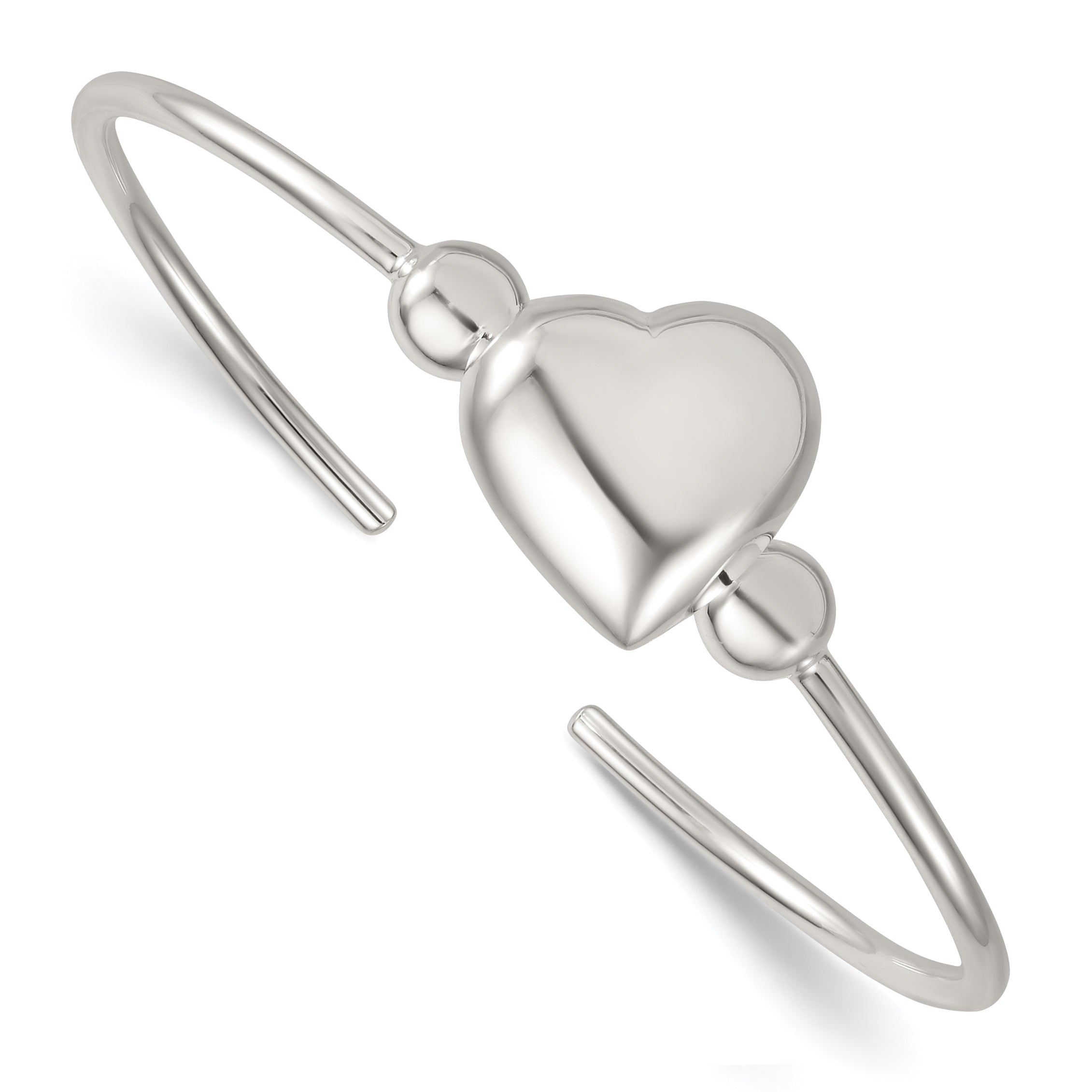 Sterling Silver Polished and Beaded Domed Heart Cuff Bangle Main image