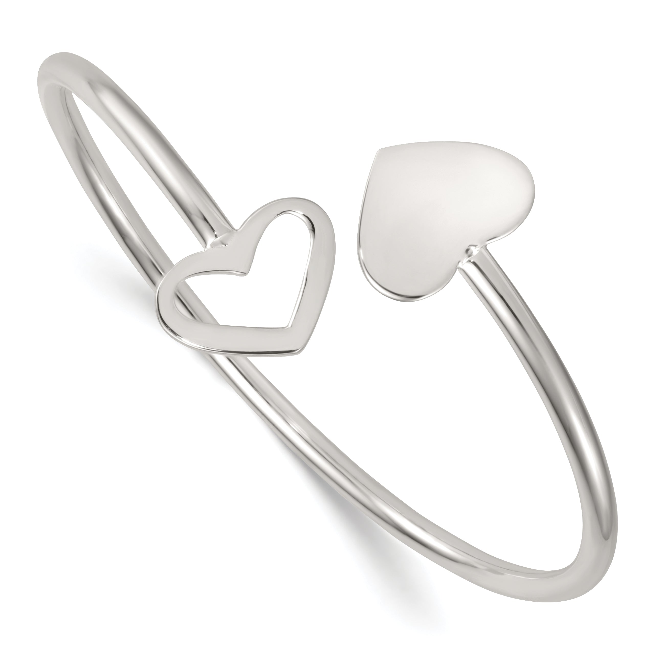 Sterling Silver Polished Double Heart Flexible Cuff Bangle Main image