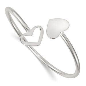 Sterling Silver Polished Double Heart Flexible Cuff Bangle