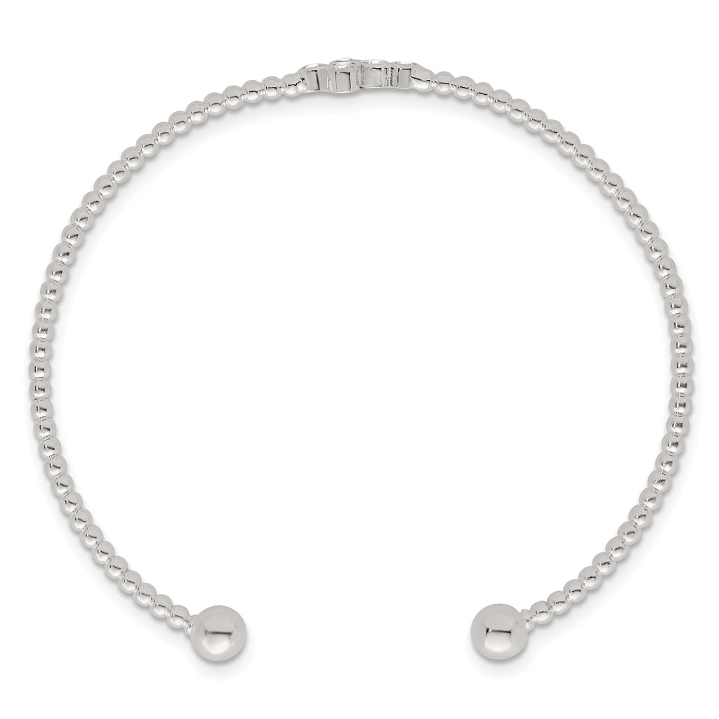 Sterling Silver Polished and Beaded CZ Cross Cuff Bangle