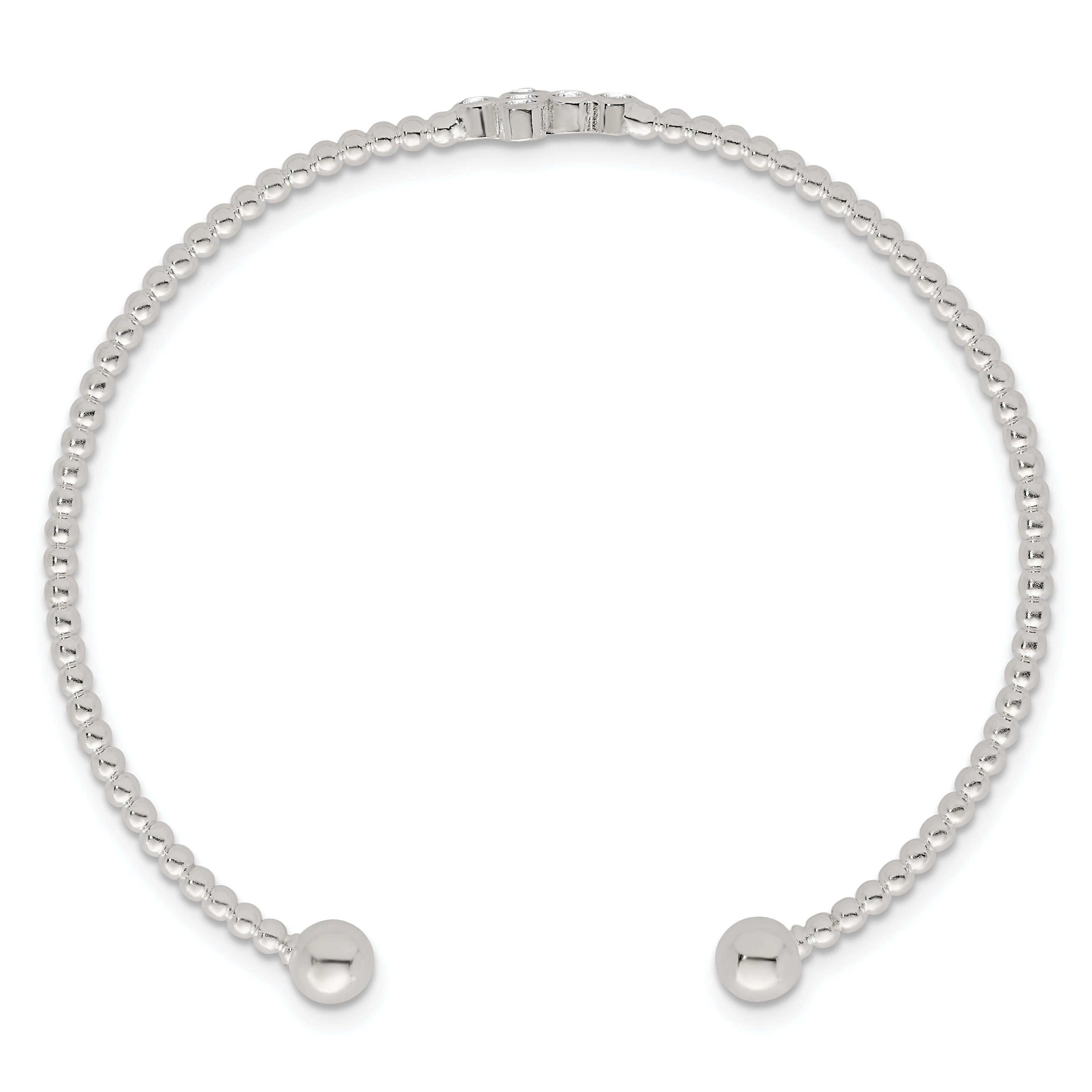 Sterling Silver Polished and Beaded CZ Cross Cuff Bangle