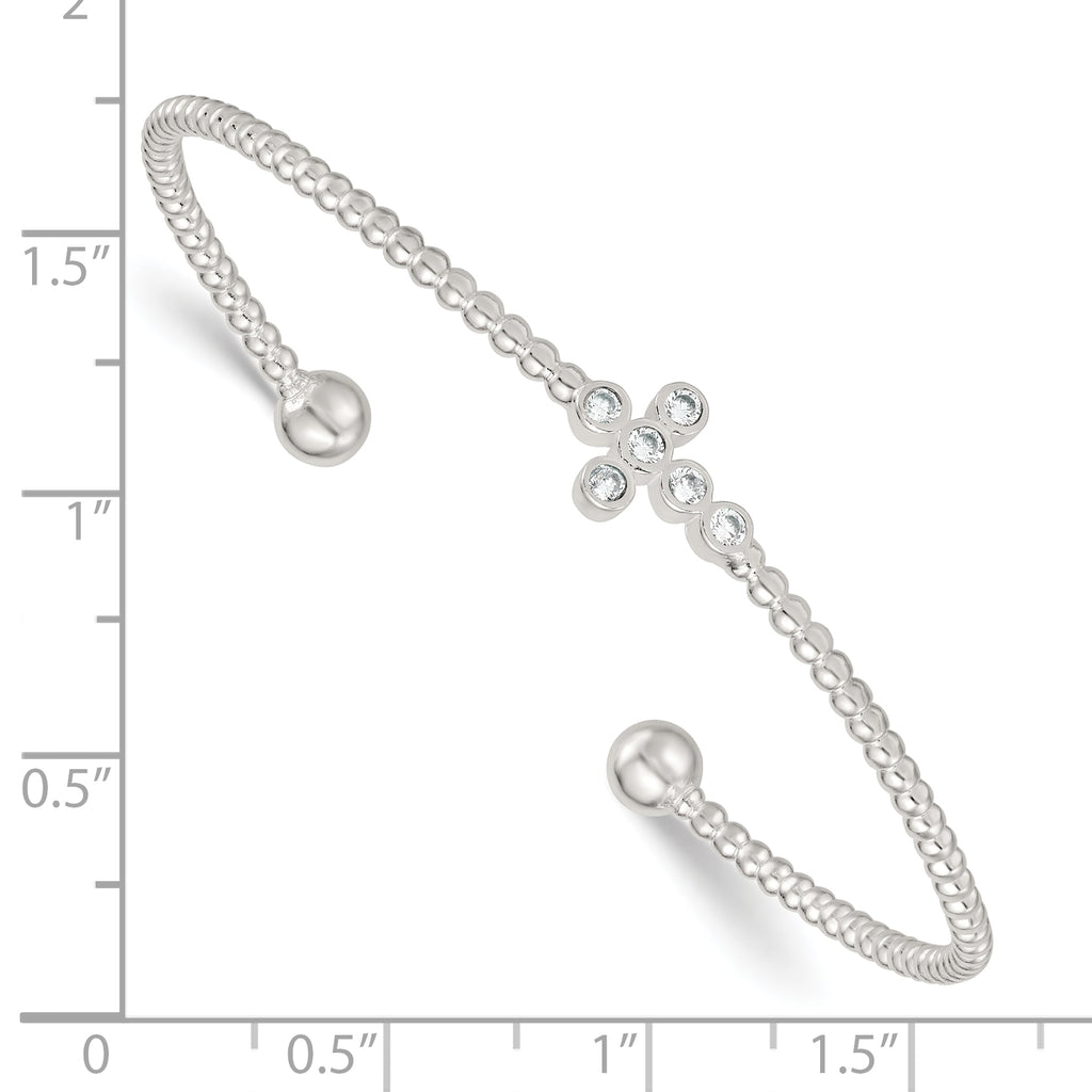 Sterling Silver Polished and Beaded CZ Cross Cuff Bangle
