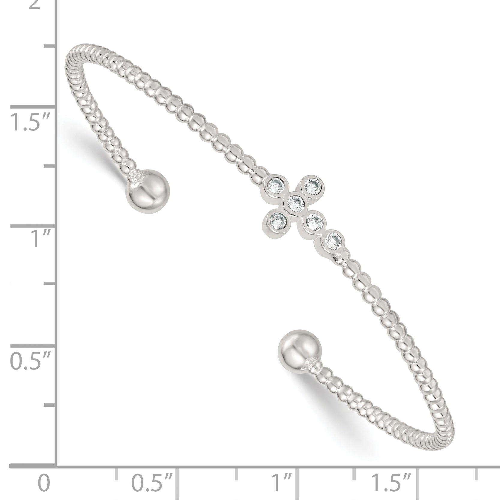 Sterling Silver Polished and Beaded CZ Cross Cuff Bangle