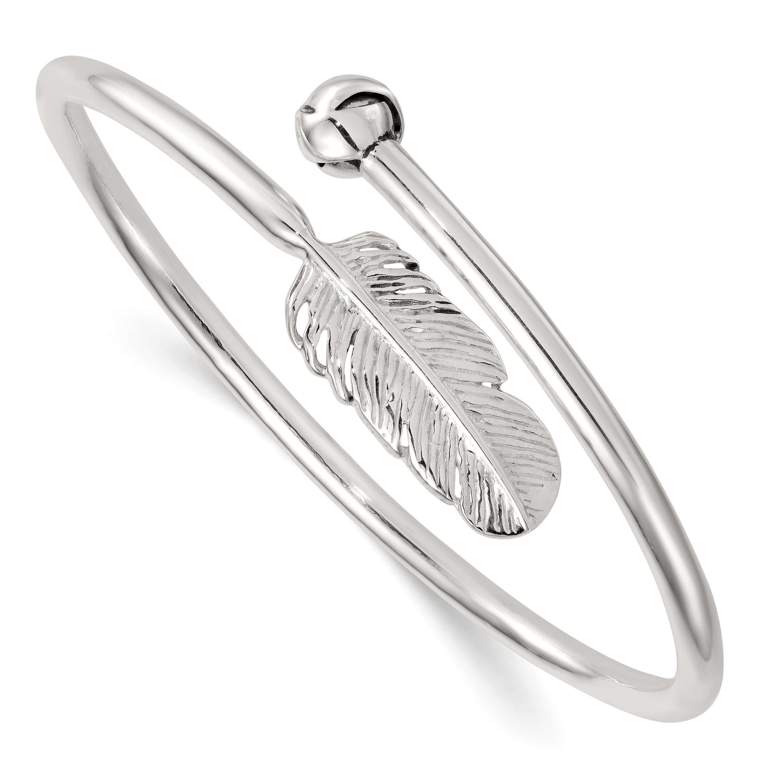 Sterling Silver Polished and Grooved Feather Bypass Cuff Bangle Main image