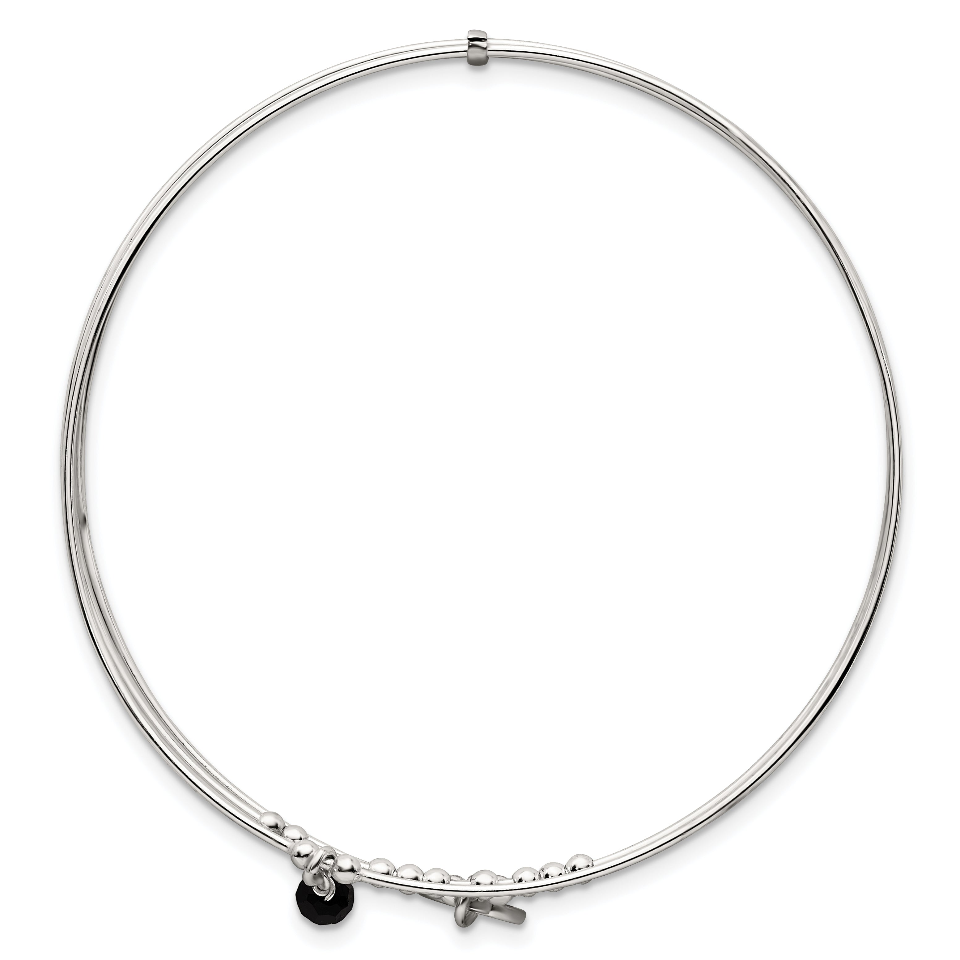 Sterling Silver Polished Beaded Miraculous Medal and Black Glass Bead Triple Band Slip-on Bangle Bracelet