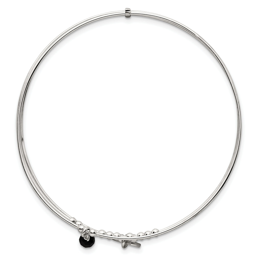 Sterling Silver Polished Beaded Miraculous Medal and Black Glass Bead Triple Band Slip-on Bangle Bracelet