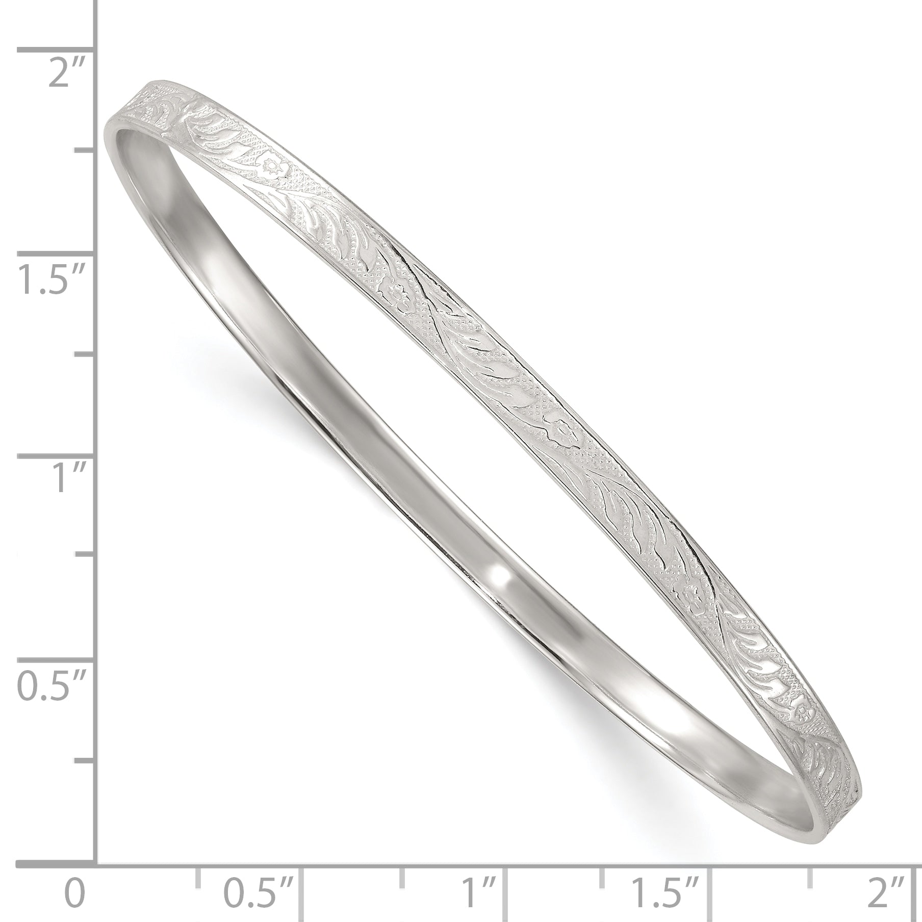 Sterling Silver Polished Textured 4.00mm Floral Pattern Slip-on Bangle Bracelet
