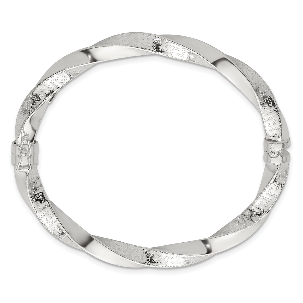 Sterling Silver Polished Textured and Twisted 6.50mm Greek Key Hinged Bangle