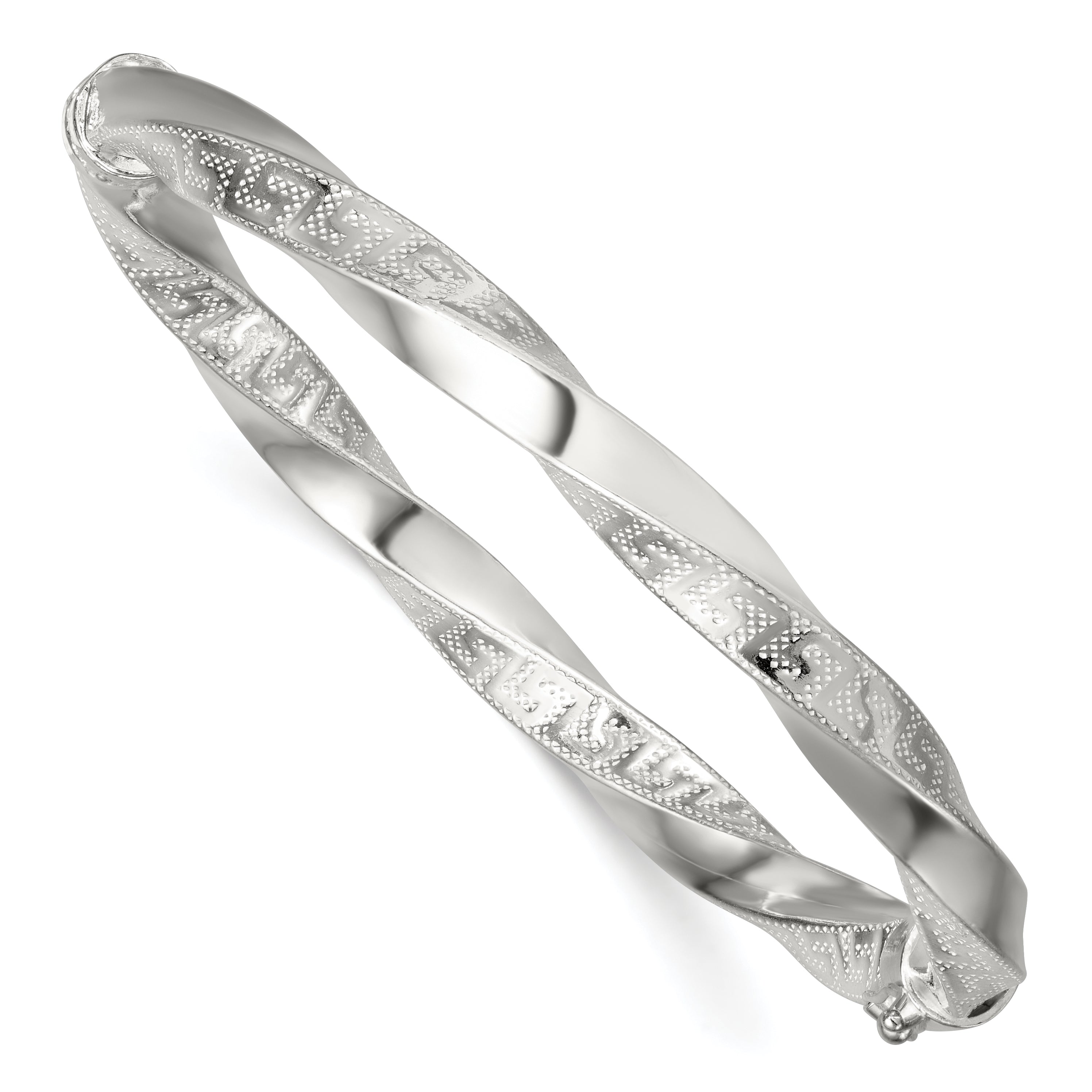Sterling Silver Polished Textured and Twisted 6.50mm Greek Key Hinged Bangle Main image