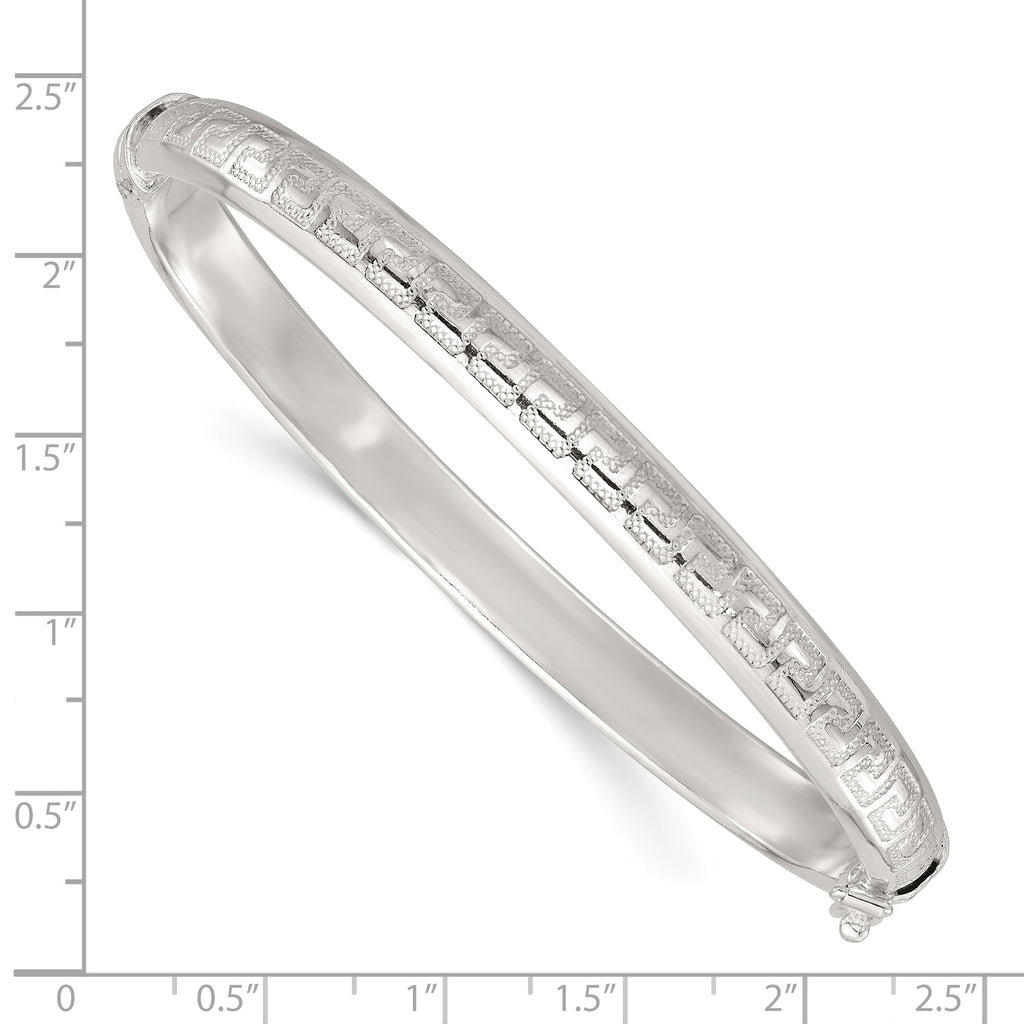 Sterling Silver Polished and Textured 6.50mm Greek Key Hinged Bangle