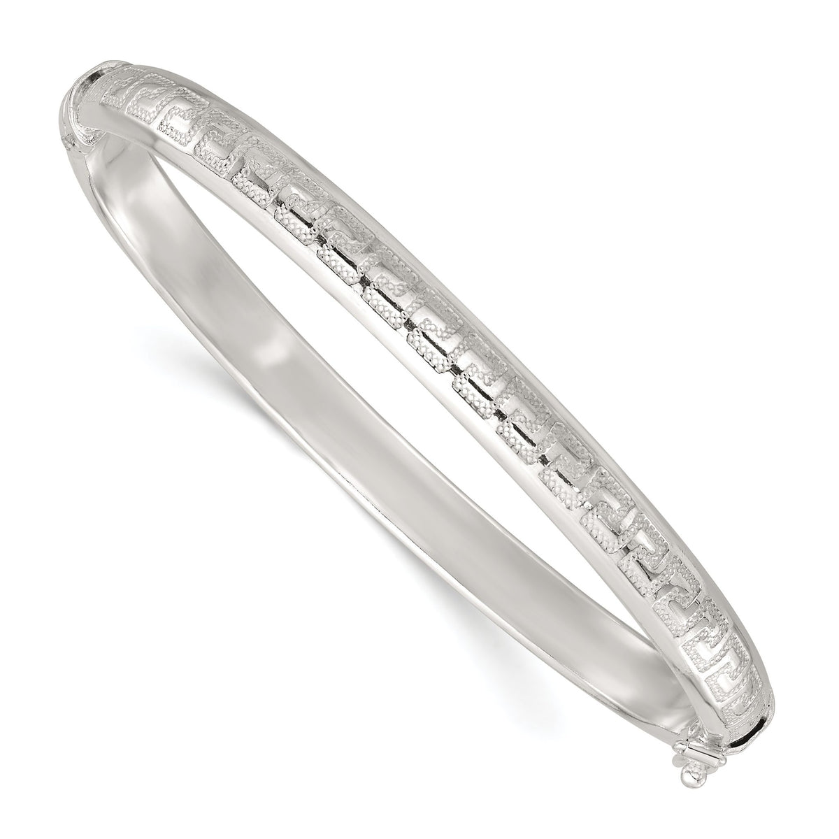 Greek Key Bangle Bracelet in Sterling Silver, 6.3mm Textured Hinged - Sophia Jewelers Main image