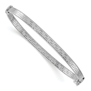 Sterling Silver Rhodium-plated Polished Textured Greek Key 4.00mm Hinged Bangle