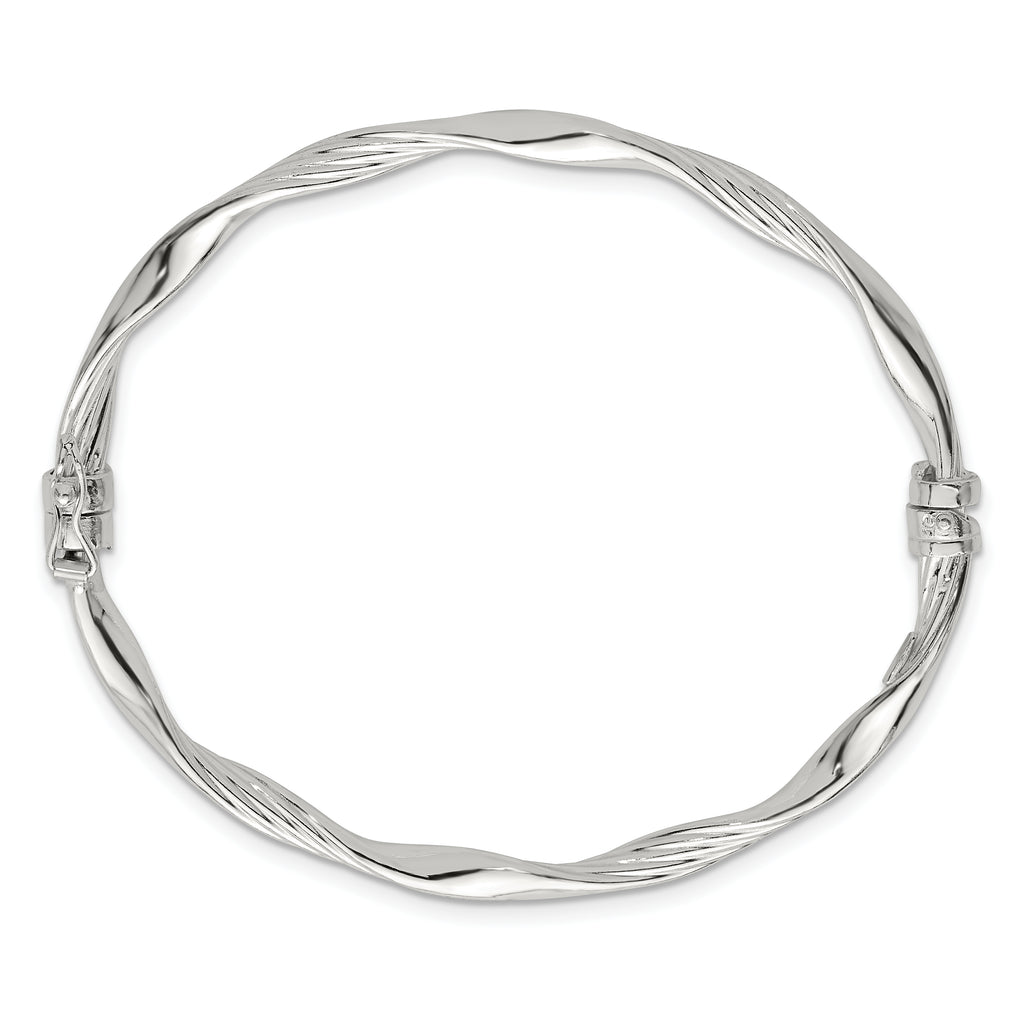 Sterling Silver Polished and Textured Twisted 4.00mm Hinged Bangle