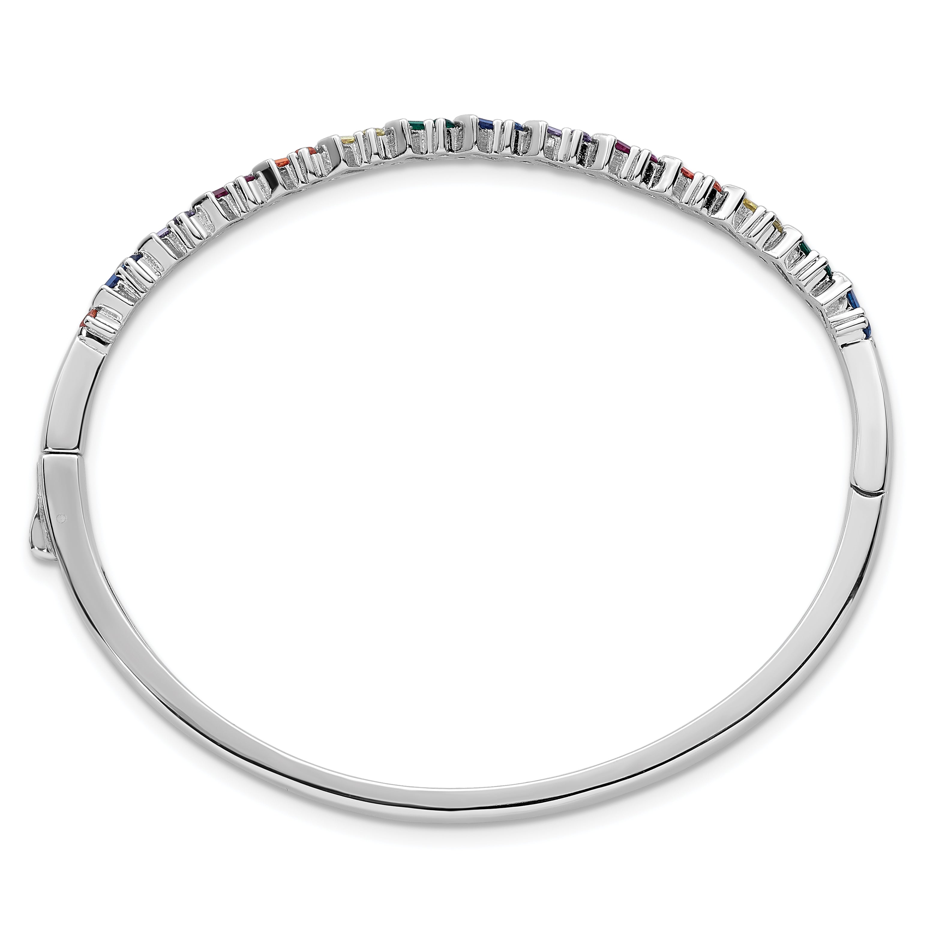 Sterling Silver Rhodium-plated Polished Multi-color Rainbow Round and Emerald-shape Nano Crystal Hinged Bangle Secondary image
