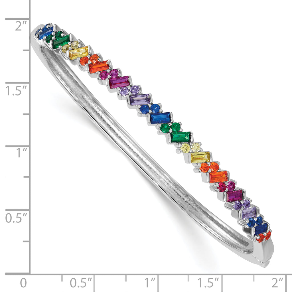 Sterling Silver Rhodium-plated Polished Multi-color Rainbow Round and Emerald-shape Nano Crystal Hinged Bangle