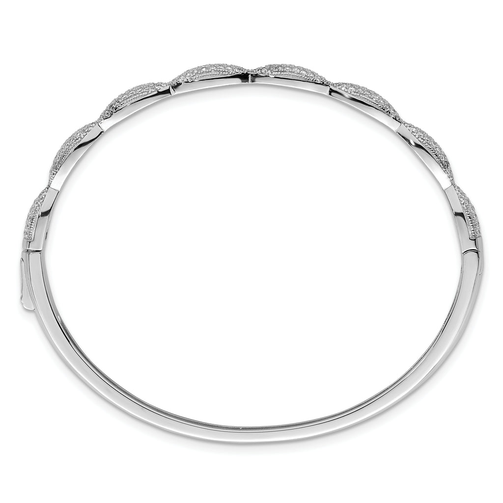 Sterling Silver Rhodium-plated Polished Fancy Scalloped CZ Hinged Bangle