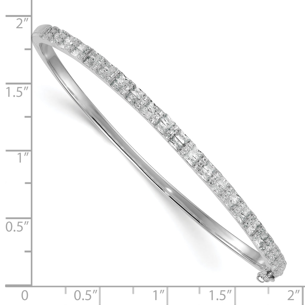 Sterling Silver Rhodium-plated Polished Round and Emerald-shape CZ Fancy Hinged Bangle
