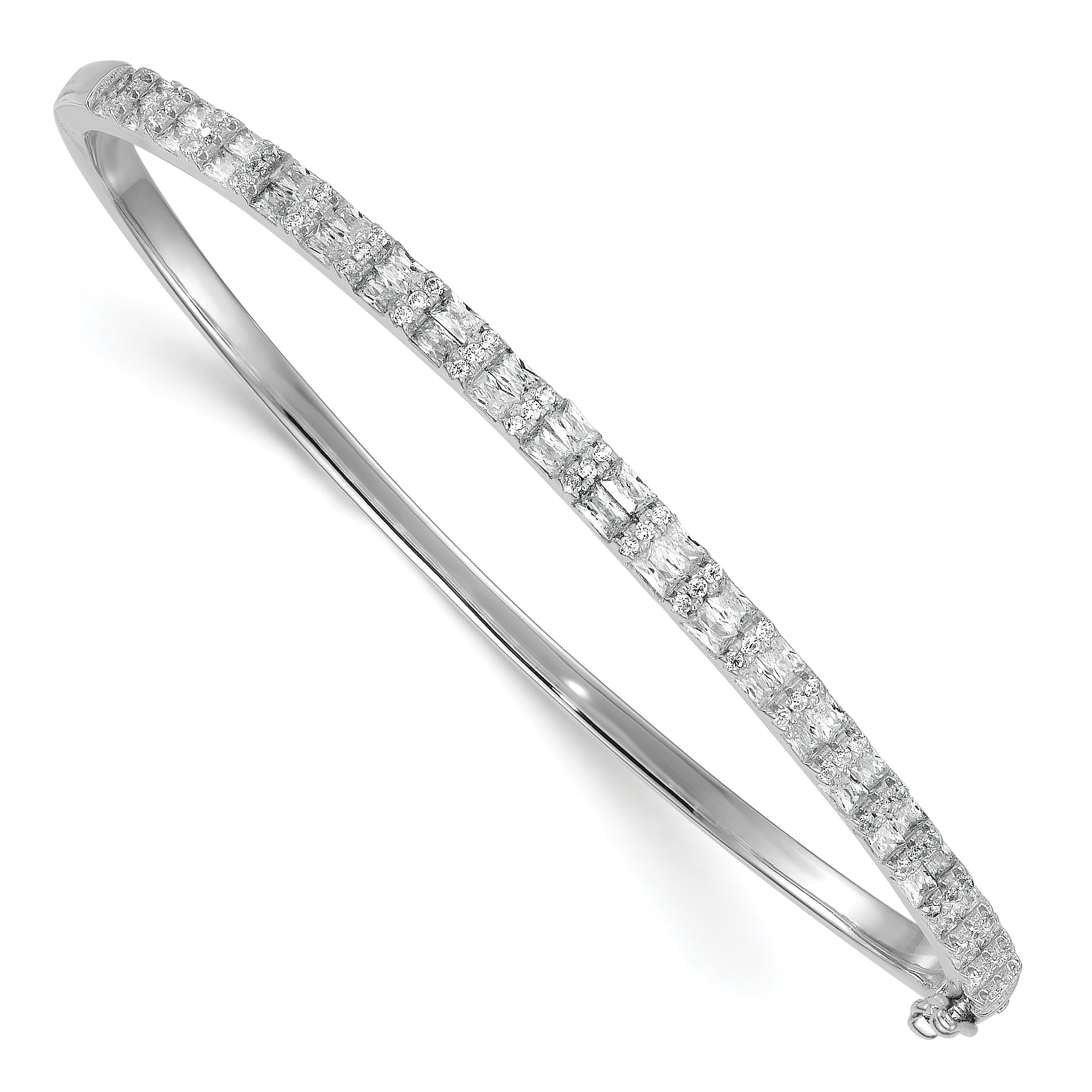 Sterling Silver Rhodium-plated Polished Round and Emerald-shape CZ Fancy Hinged Bangle