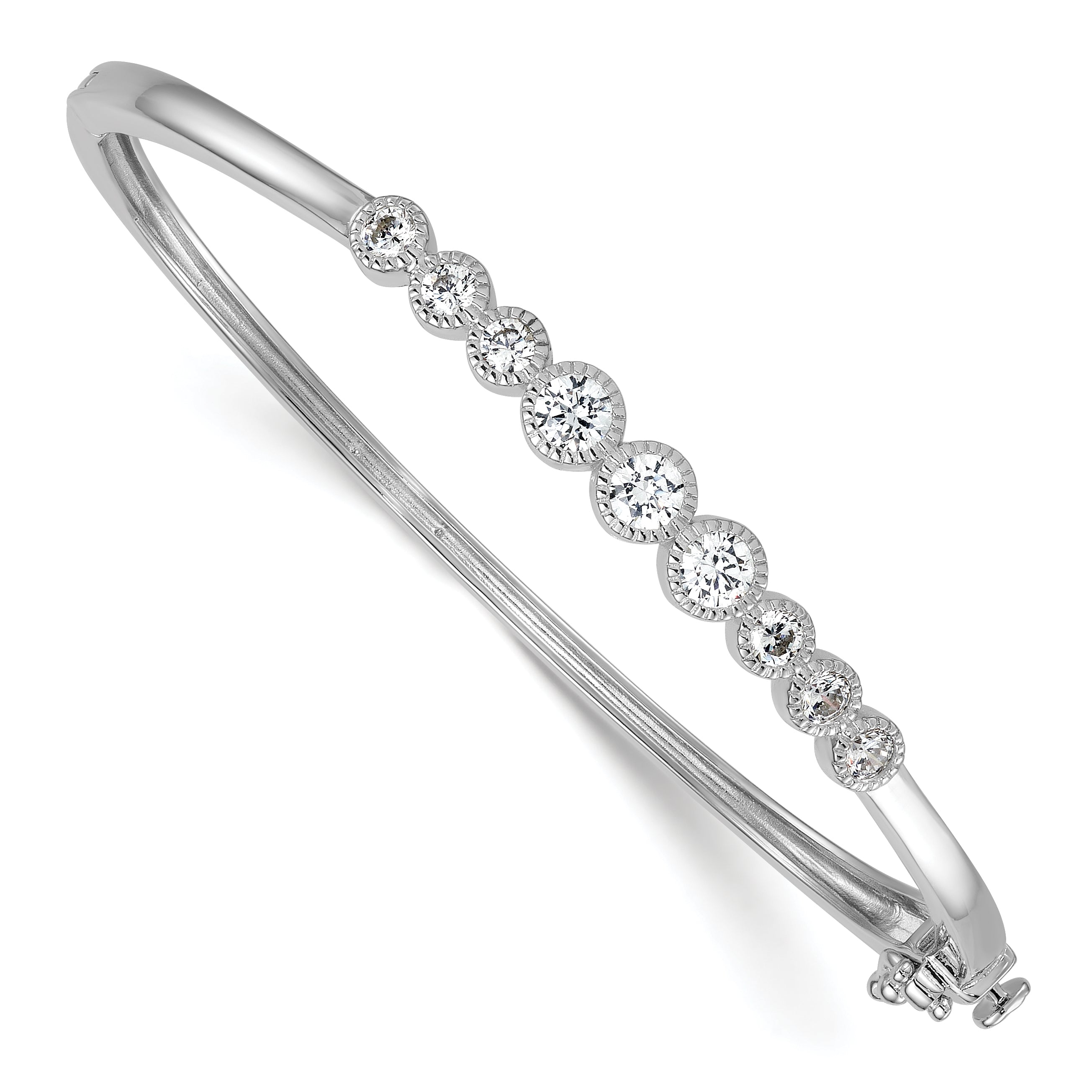 Sterling Silver Rhodium-plated Polished and Textured Bezel-set Graduated CZ Hinged Bangle Main image