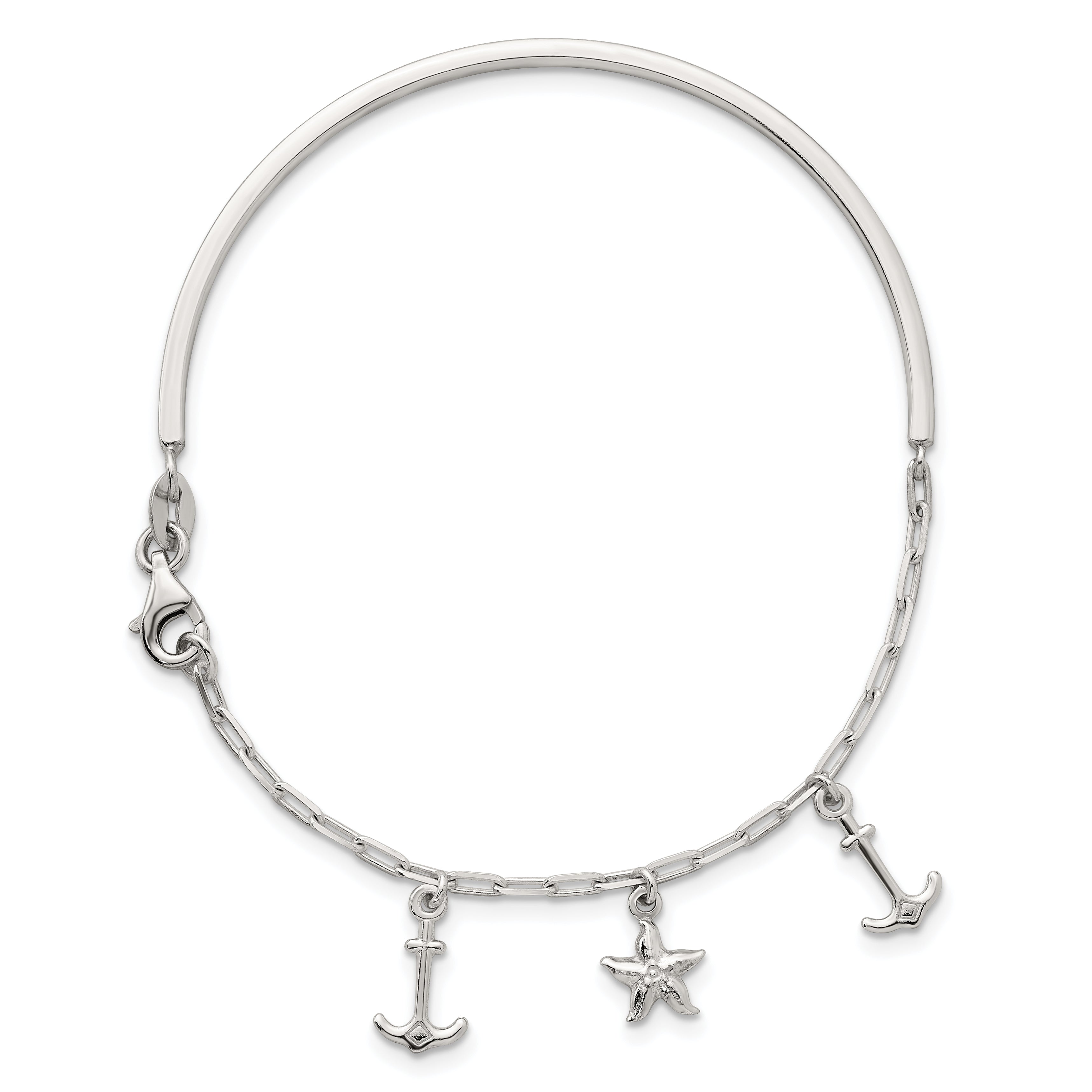 Sterling Silver Polished Anchor and Starfish Charms Half Bangle Bracelet Secondary image