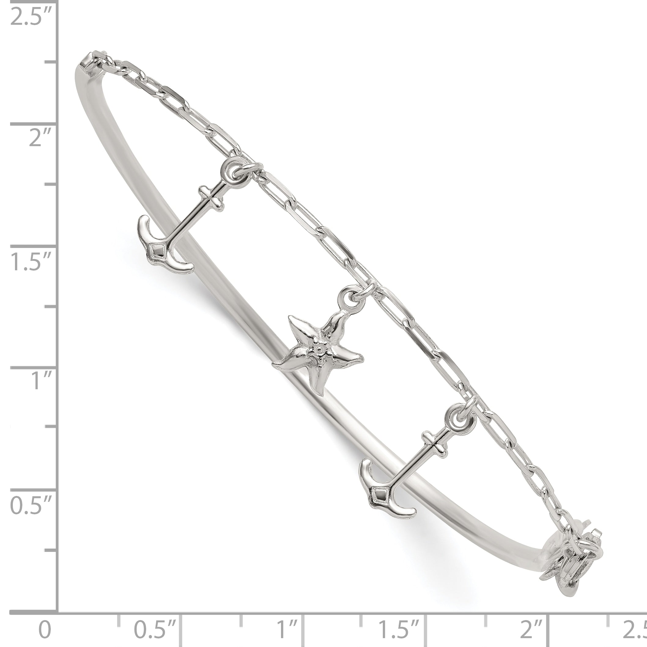 Sterling Silver Polished Anchor and Starfish Charms Half Bangle Bracelet