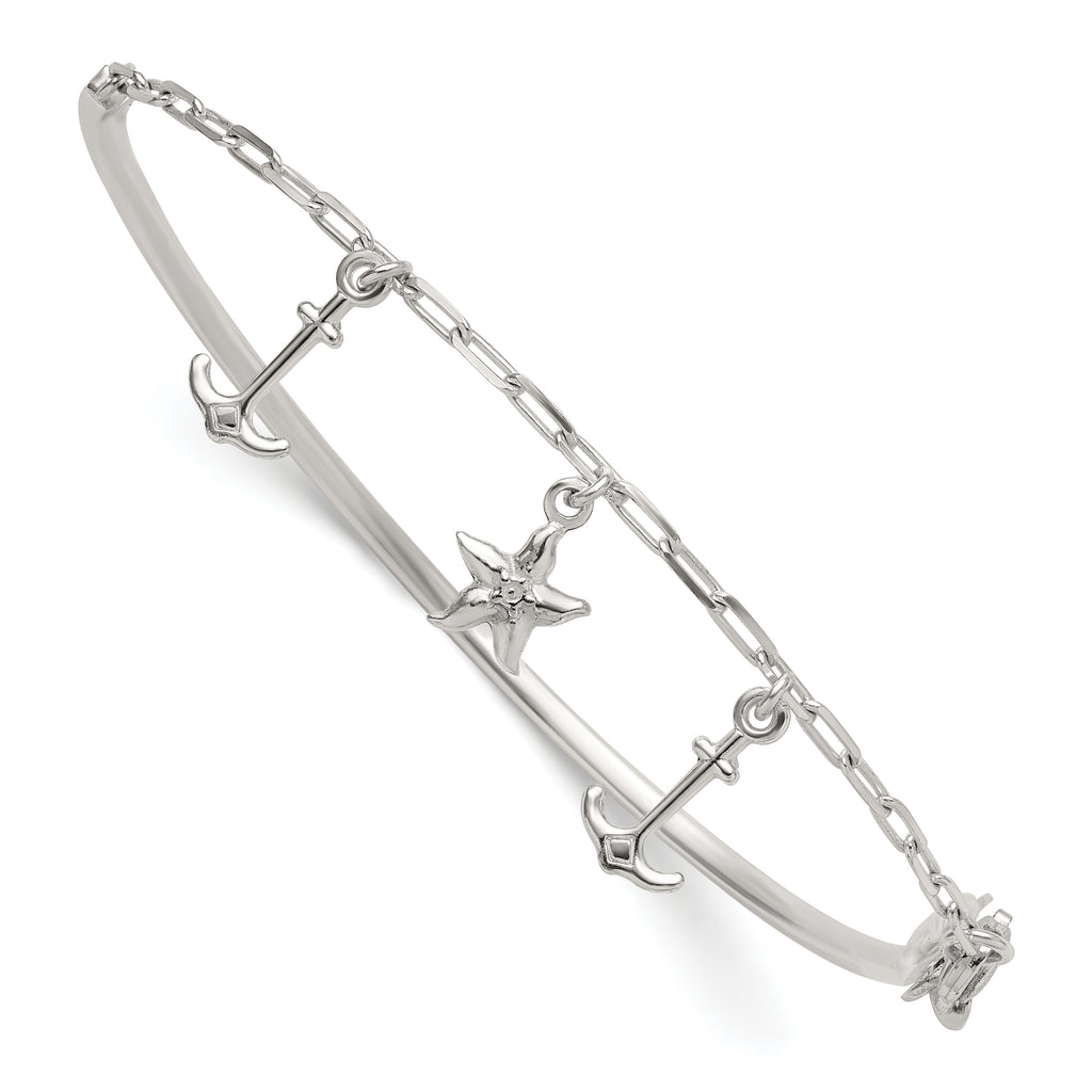Sterling Silver Polished Anchor and Starfish Charms Half Bangle Bracelet