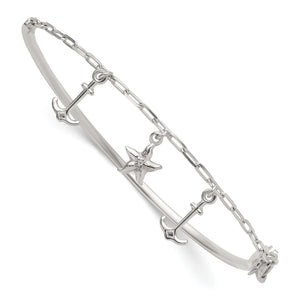 Sterling Silver Polished Anchor and Starfish Charms Half Bangle Bracelet