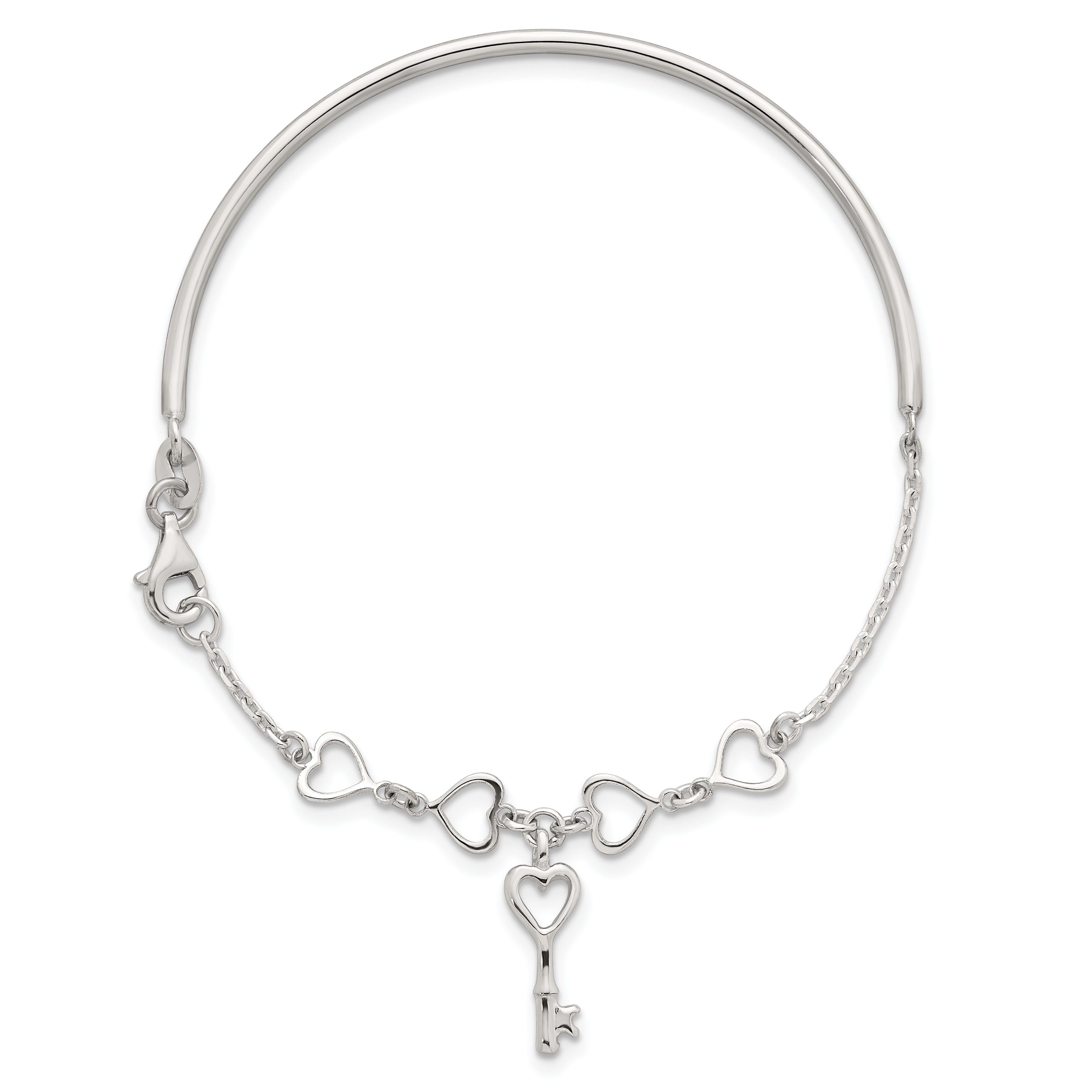 Sterling Silver Polished Open Hearts and Key Charms Half Bangle Bracelet