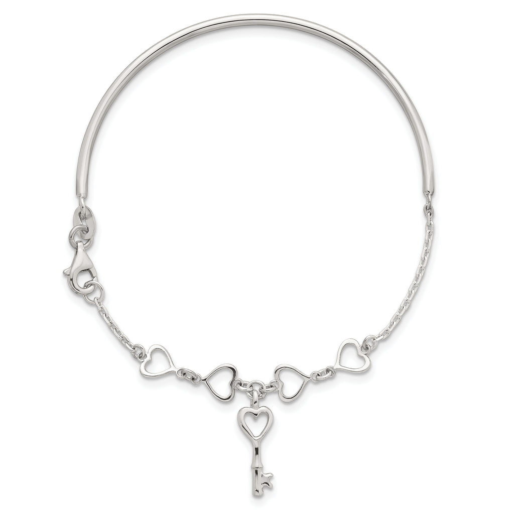 Sterling Silver Polished Open Hearts and Key Charms Half Bangle Bracelet