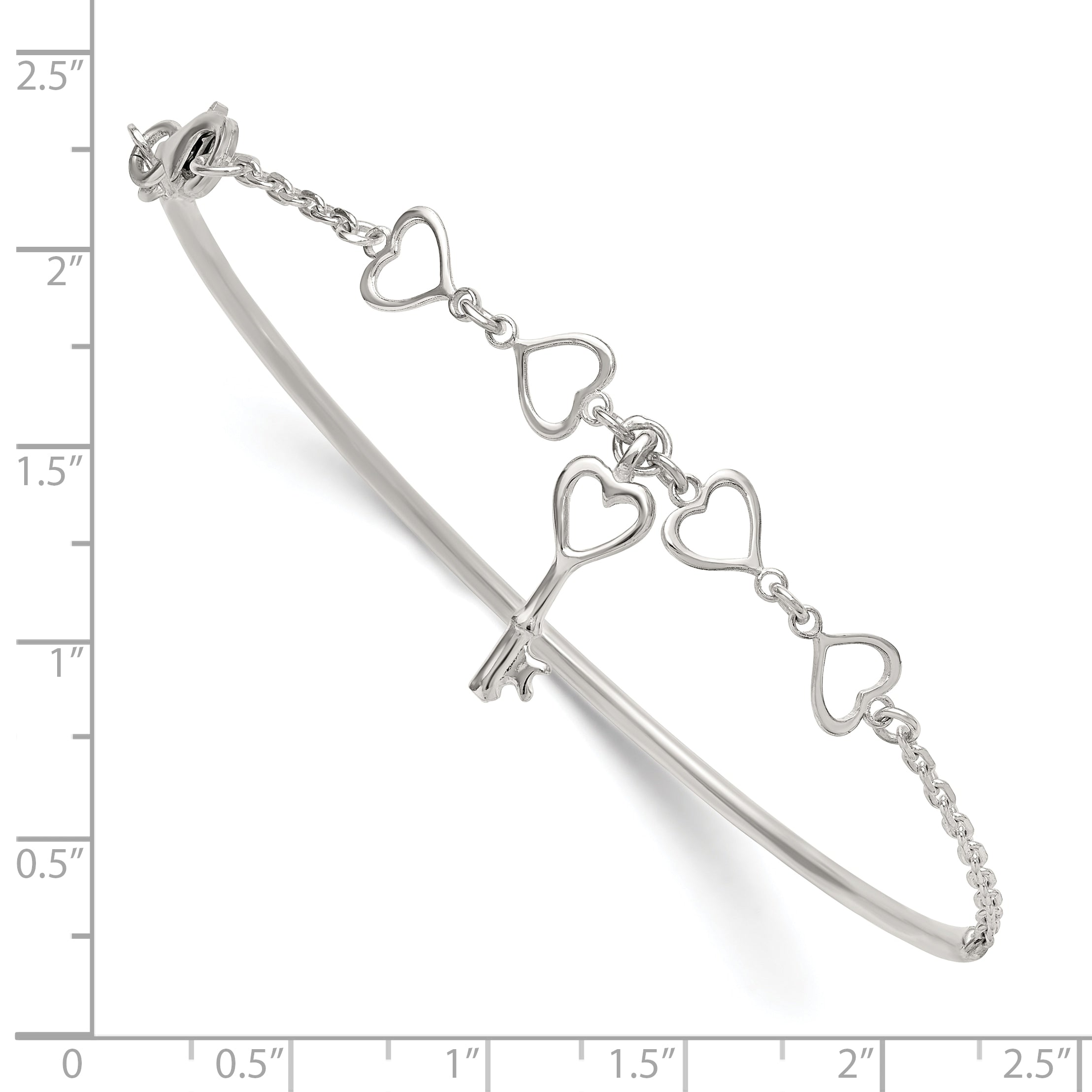 Sterling Silver Polished Open Hearts and Key Charms Half Bangle Bracelet