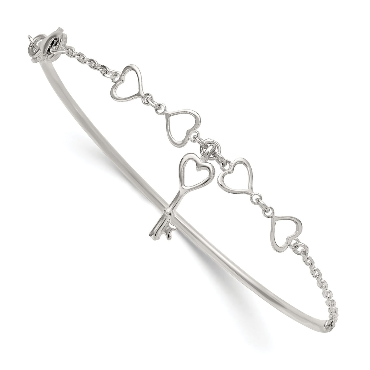 Hearts and Key Charm Half-Bangle Bracelet in Sterling Silver, 2mm - Sophia Jewelers Main image